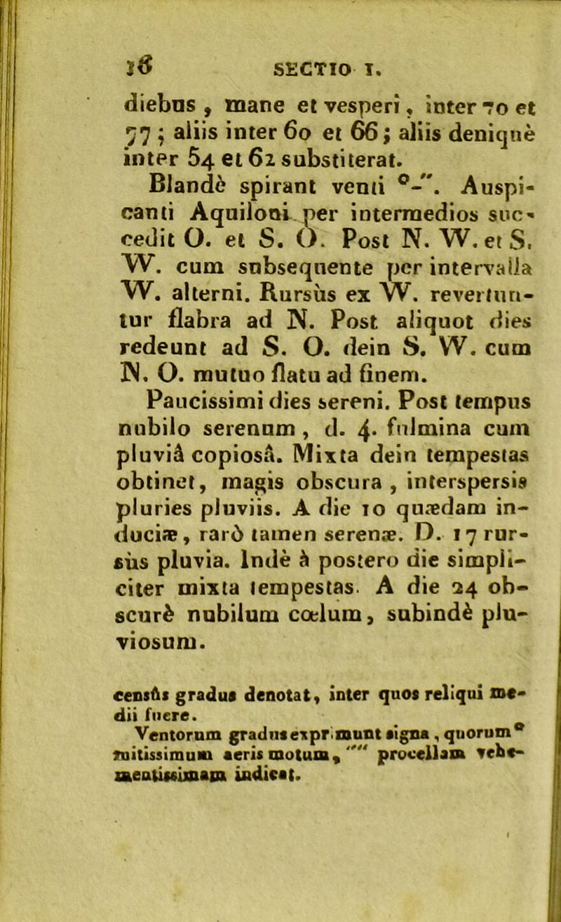 JS diebns , mane et vesperi, inter 7o et 57 ^ aliis inter 6o et 6^; aliis denique inter 64 ei 62 substiterat. Blandi spirant venti Auspi- canti Aquiloni per intermedios suc- cedit O. et S. (). Post N. W. et S. W. cum snbseqnente per intervalla yV. alterni. Rursus ex NV. revertun- tur flabra ad N. Post aliquot dies redeunt ad S. O. dein S. W. cum W. O. mutuo flatu ad finem. Paucissimi dies sereni. Post tempus nubilo serenum , d. 4* fulmina cum pluvid copiosa. Mixta dein tempestas obtinet, magis obscura, interspersis pluries pluviis. A die 10 qusedam in- ducix, rar6 tamen serenie. D. 17 rur- sus pluvia. Inde h postero die simpli- citer mixta tempestas. A die 24 ob- scuri nubilum coelum, subindi plu- viosum. ceniftt gradui denotat, inter quos reliqui me- dii fuere. Ventornm gradusespr.munt signa, quorum* suitiMimum aeris motum,  procellam scbe- meutissiman indicat.