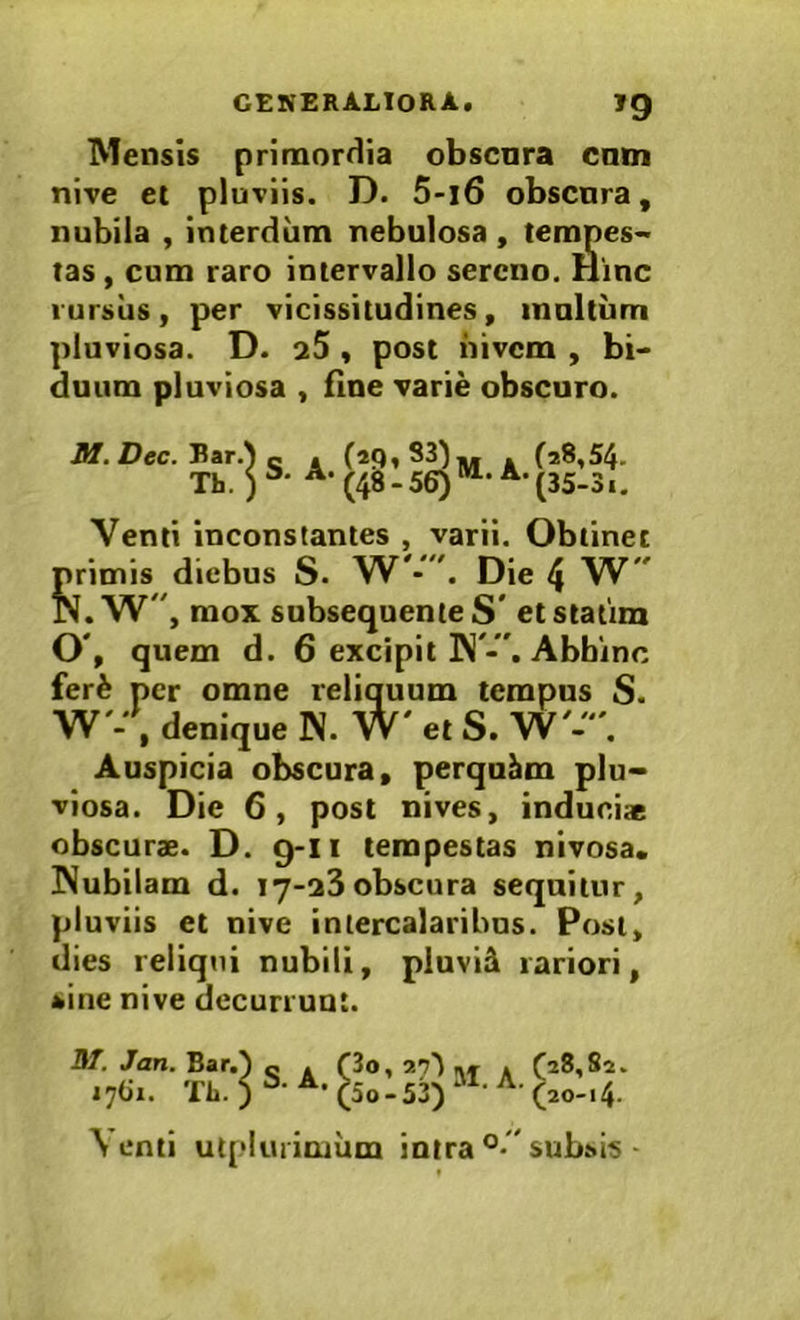 Mensis primordia obscnra eam nive ei pluviis. D. 5-i6 obscnra, nubila , interdiim nebulosa, tempes- tas , cum raro intervallo sereno. Hinc vursiis, per vicissitudines, inultum pluviosa. D. 2$ , post nivem , bi- duum pluviosa , fine varie obscuro. JU. Dec. Har.) Q . . (28,54. Th. )*' ■^•(4S-56)“-^*(35-3i. Venti inconstantes , varii. Obtinet primis diebus S. W'-. Die 4 W K. W, mox subsequente S’ etstatim O', quem d. 6 excipit Abbinc feri per omne reliquum tempus S. W'. , denique N. W' et S. W'-'. Auspicia obscura, perquhm plu- viosa. Die 6, post nives, induciae obscurae. D. 9-11 tempestas nivosa. JMubilam d. ly-aS obscura sequitur, pluviis et nive intercalaribus. Post, dies reliqui nubili, pluvii rariori, sine nive decurruat. it/. Jan. Bar.) q . i7(ii. Tl>. ) ^-(50-53) M. A. (28,8^* (20-14. \ enti utplurioium intra  subsis ■