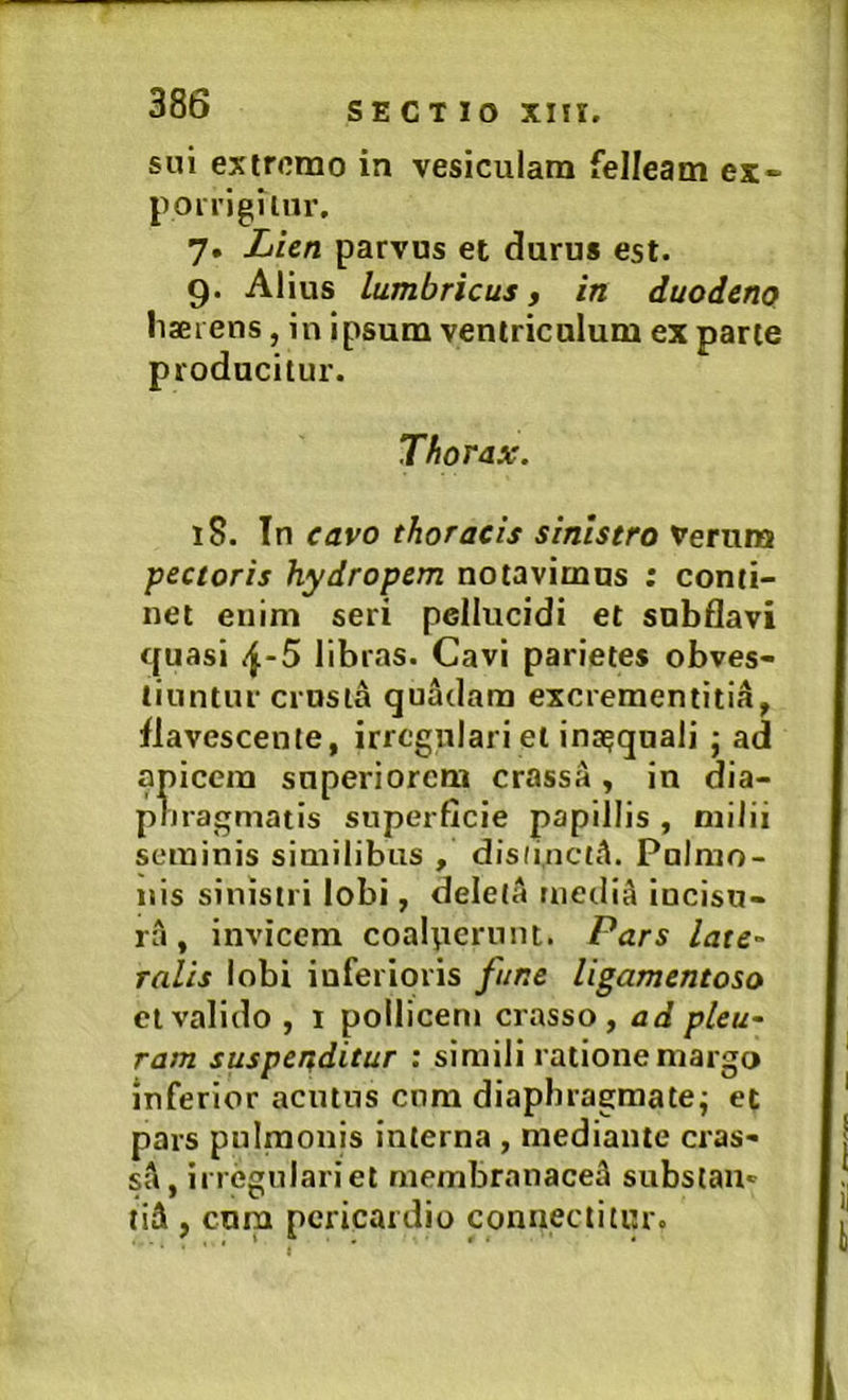 sui exiromo in vesiculam felleam ex- poirigliiir, 7. Lien parvus et durus est. 9. Alius lumbricus, in duodeno liserens, in ipsum ventriculum ex parte producitur. Thorax. 18. Tn cavo thoracis sinistro Verum pectoris hydropem notavimus ; conti- net enim seri pellucidi et subflavi t[uasi libras. Cavi parietes obves- tiuntur crusta quadam excrementitia, flavescente, irregulari et ins^quali ■ ad apicem superiorem crassa , in dia- phragmatis superficie papillis , milii seminis similibus , disii.nctii. Pulmo- nis sinistri lobi, deleta uiediA incisu- ra , invicem coal\tcrunt. Pars lare- ralis lobi inferioris fune ligamentoso el valido , i pollicem crasso, ad pleu- ram suspenditur : simili ratione margo inferior acutus cnm diaphragmate; et pars pulmonis interna , mediante cras- sa, inegulariet membranacei subsiau- tii , cura pericardio connectitiir.