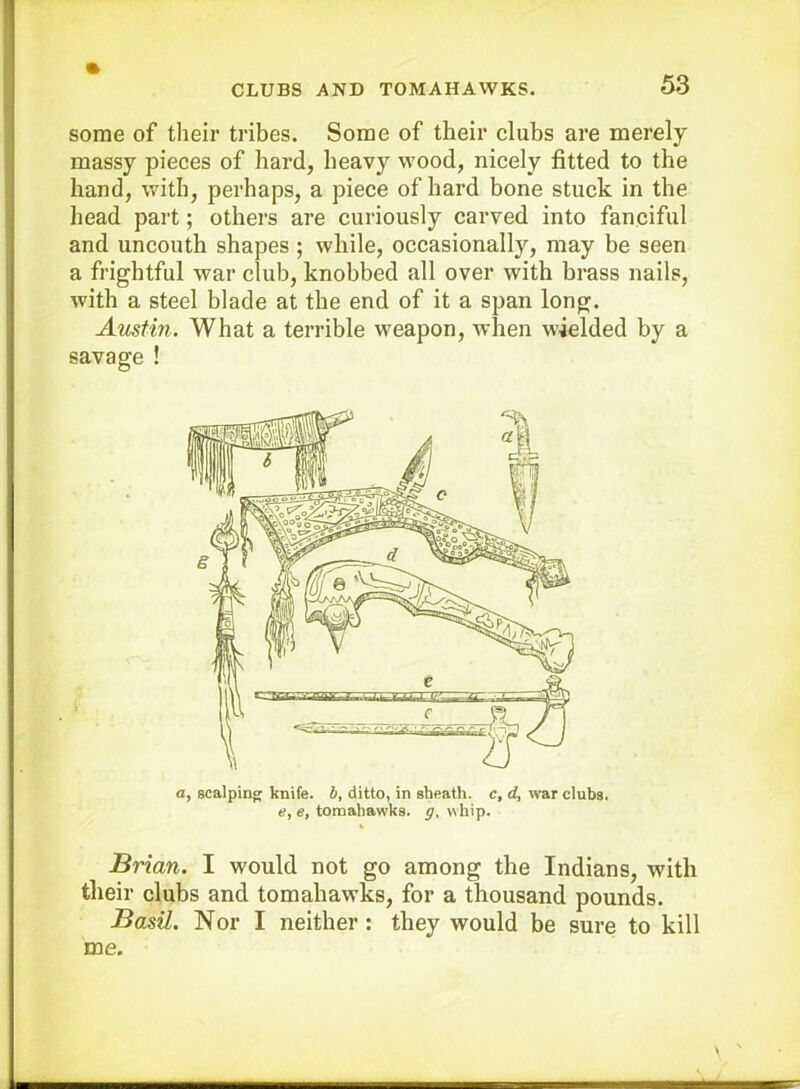 some of their tribes. Some of their clubs are merely massy pieces of hard, heavy wood, nicely fitted to the hand, with, perhaps, a piece of hard bone stuck in the head part; others are curiously carved into fanciful and uncouth shapes ; while, occasionally, may be seen a frightful war club, knobbed all over with brass nails, with a steel blade at the end of it a span long. Amtin. What a terrible weapon, when wielded by a a, scalping knife, b, ditto, in sheath, c, d, war clubs. e, e, tomahawks, g. whip. Brian. I would not go among the Indians, with their clubs and tomahawks, for a thousand pounds. Basil. Nor I neither: they would be sure to kill me.