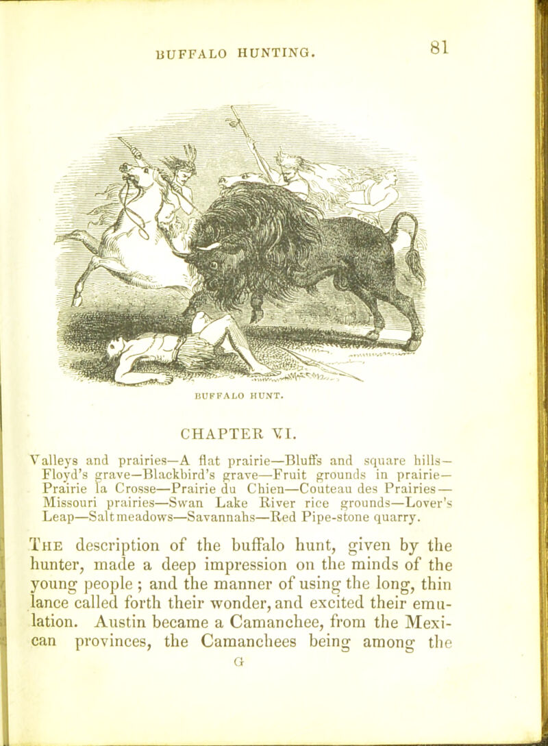 BUFFALO HUNT. CHAPTER YI. Valleys and prairies—A flat prairie—Bluffs and square hills— Floyd’s grave—Blackbird’s grave—Fruit grounds in prairie— Prairie la Crosse—Prairie du Chien—Couteau des Prairies — Missouri prairies—Swan Lake River rice grounds—Lover’s Leap—Salt meadows—Savannahs—Red Pipe-stone quarry. The description of the buffalo hunt, given by the hunter, made a deep impression on the minds of the young people ; and the manner of using the long, thin iance called forth their wonder, and excited their emu- lation. Austin became a Camanchee, from the Mexi- can provinces, the Camanchees being among the G