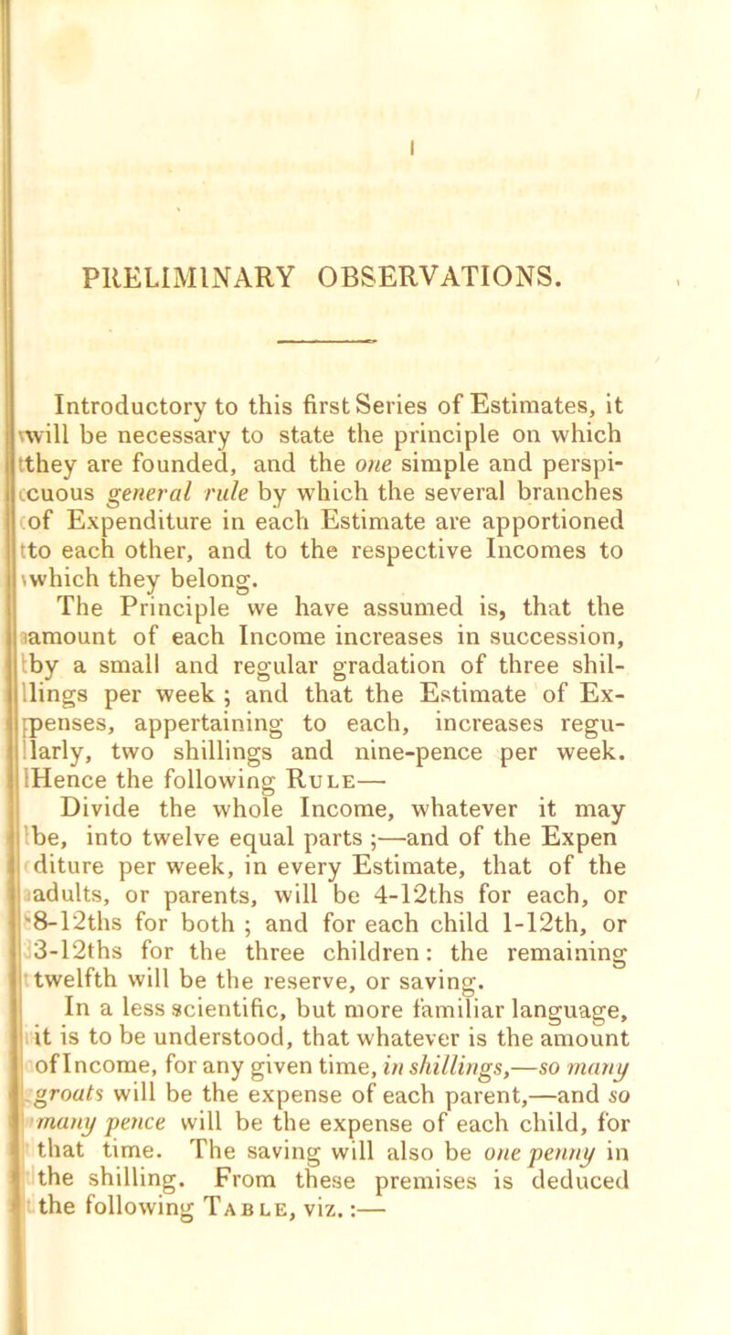 I PRELIMINARY OBSERVATIONS. Introductory to this first Series of Estimates, it mill be necessary to state the principle on which tthey are founded, and the one simple and perspi- ccuous general rule by which the several branches of Expenditure in each Estimate are apportioned tto each other, and to the respective Incomes to \which they belong. The Principle we have assumed is, that the lamount of each Income increases in succession, by a small and regular gradation of three shil- lings per week ; and that the Estimate of Ex- penses, appertaining to each, increases regu- larly, two shillings and nine-pence per week. iHence the following; Rule—• Divide the whole Income, whatever it may ! be, into twelve equal parts ;—and of the Expen diture per week, in every Estimate, that of the iadults, or parents, will be 4-l“2ths for each, or '8-12ths for both ; and for each child l-12th, or 3-12ths for the three children: the remaining twelfth will be the reserve, or saving. In a less scientific, but more familiar language, it is to be understood, that whatever is the amount of Income, for any given time, in shillings,—so many grouts will be the expense of each parent,—and so many pence will be the expense of each child, for that time. The saving will also be one penny in the shilling. From these premises is deduced the following Table, viz.:—