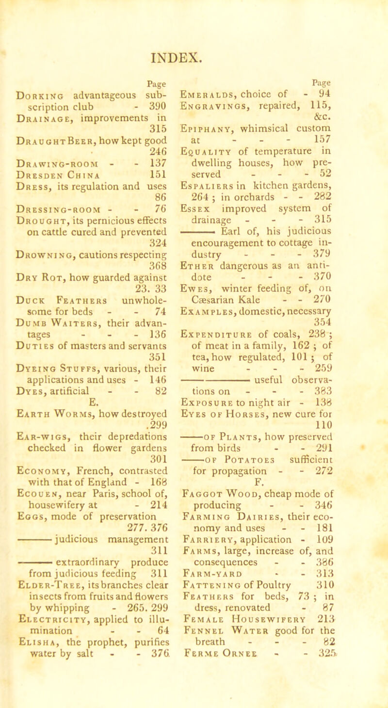 Page Dorking advantageous sub- scription club - 390 Drainage, improvements in 315 DraughtBeer, how kept good 246 Drawing-room - - 137 Dresden China 151 Dress, its regulation and uses 86 Dressing-room - - 76 Drought, its pernicious effects on cattle cured and prevented 324 Drowning, cautions respecting 368 Dry Rot, how guarded against 23. 33 Duck Feathers unwhole- some for beds - - 74 Dumb Waiters, their advan- tages - - - 136 Duties of masters and servants 351 Dyeing Stuffs, various, their applications and uses - 146 Dyes, artificial - - 82 E. Earth Worms, how destroyed .299 Ear-wigs, their depredations checked in flower gardens 301 Economy, French, contrasted with that of England - 168 Ecouen, near Paris, school of, housewifery at - 214 Eggs, mode of preservation 277. 376 judicious management 311 extraordinary produce from judicious feeding 311 Elder-Tree, itsbranches clear insects from fruits and flowers by whipping - 265. 299 Electricity, applied to illu- mination - - 64 Elisha, the prophet, purifies water by salt - - 376. Page Emeralds, choice of - 94 Engravings, repaired, 115, &c. Epiphany, whimsical custom at - 157 Equality of temperature in dwelling houses, how pre- served - - - 52 Espaliers in kitchen gardens, 264 ; in orchards - - 282 Essex improved system of drainage - - - 315 ——— Earl of, his judicious encouragement to cottage in- dustry - 379 Ether dangerous as an anti- dote - 370 Ewes, winter feeding of, on Caesarian Kale - - 270 Exam ples, domestic, necessary 354 Expenditure of coals, 238 ; of meat in a family, 162 ; of tea, how regulated, 101 j of wine - 259 useful observa- tions on - - - 383 Exposure to night air - 138 Eyes of Horses, new cure for 110 of Plants, how preserved from birds - - 291 of Potatoes sufficient for propagation - - 272 F. Faggot Wood, cheap mode of producing - - 346 Farming Dairies, their eco- nomy and uses - 181 Farriery, application - 109 Farms, large, increase of, and consequences - 386 Farm-yard - 313 Fattening of Poultry 310 Feathers for beds, 73 ; in dress, renovated - 87 Female Housewifery 213 Fennel Water good for the breath 82 Ferme Ornee - - 325.