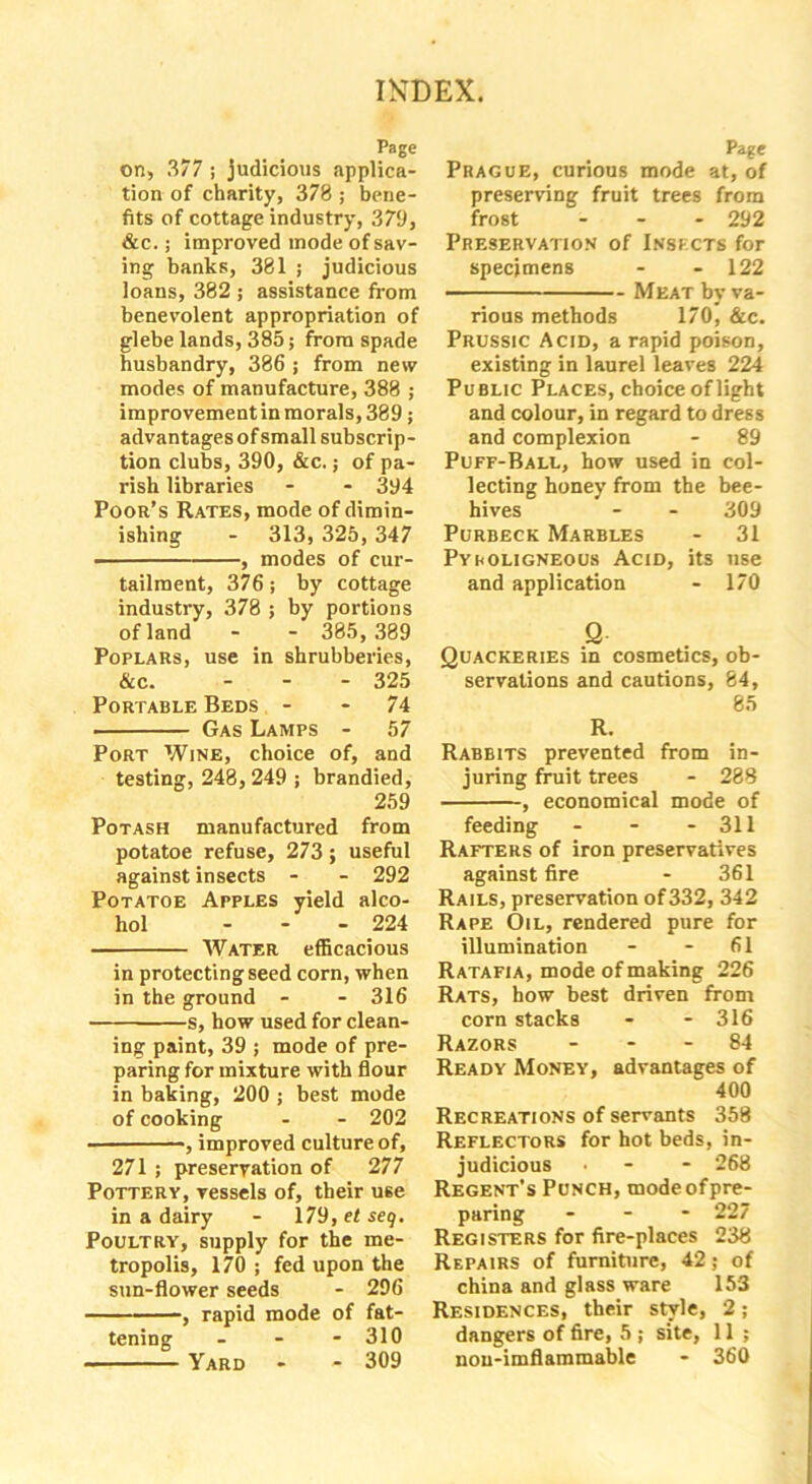 Page on, 377 ; judicious applica- tion of charity, 378 ; bene- fits of cottage industry, 379, &c.; improved mode of sav- ing banks, 381 ; judicious loans, 382 ; assistance from benevolent appropriation of glebe lands, 385; from spade husbandry, 386 ; from new modes of manufacture, 388 ; improvement in morals, 389; advantages of small subscrip- tion clubs, 390, &c.; of pa- rish libraries - - 394 Poor’s Rates, mode of dimin- ishing - 313, 325, 347 , modes of cur- tailment, 376; by cottage industry, 378 ; by portions of land - - 385, 389 Poplars, use in shrubberies, &c. - 325 Portable Beds - - 74 Gas Lamps - 57 Port Wine, choice of, and testing, 248,249 ; brandied, 259 Potash manufactured from potatoe refuse, 273; useful against insects - - 292 Potatoe Apples yield alco- hol ... 224 Water efficacious in protecting seed corn, when in the ground - - 316 s, how used for clean- ing paint, 39 ; mode of pre- paring for mixture with flour in baking, 200 ; best mode of cooking - - 202 , improved culture of, 271 ; preservation of 277 Pottery, vessels of, their use in a dairy - 179,etse9. Poultry, supply for the me- tropolis, 170 ; fed upon the sun-flower seeds - 296 ———, rapid mode of fat- tening - - - 310 Yard - - 309 Page Prague, curious mode at, of preserving fruit trees from frost ... 292 Preservation of Insects for specimens - - 122 Meat by va- rious methods 170, &c. Prussic Acid, a rapid poison, existing in laurel leaves 224 Public Places, choice of light and colour, in regard to dress and complexion - 89 Puff-Ball, how used in col- lecting honey from the bee- hives - - 309 Purbeck Marbles - 31 Pyroligneous Acid, its use and application - 170 Q Quackeries in cosmetics, ob- servations and cautions, 84, 85 R. Rabbits prevented from in- juring fruit trees - 288 , economical mode of feeding - - - 311 Rafters of iron preservatives against fire - 361 Rails, preservation of332, 342 Rape Oil, rendered pure for illumination - - 61 Ratafia, mode of making 226 Rats, how best driven from corn stacks - - 316 Razors 84 Ready Money, advantages of 400 Recreations of servants 358 Reflectors for hot beds, in- judicious • - - 268 Regent's Punch, mode of pre- paring - - - 227 Registers for fire-places 238 Repairs of furniture, 42; of china and glass ware 153 Residences, their style, 2; dangers of fire, 5 ; site, 11 ; nou-imflammable - 360