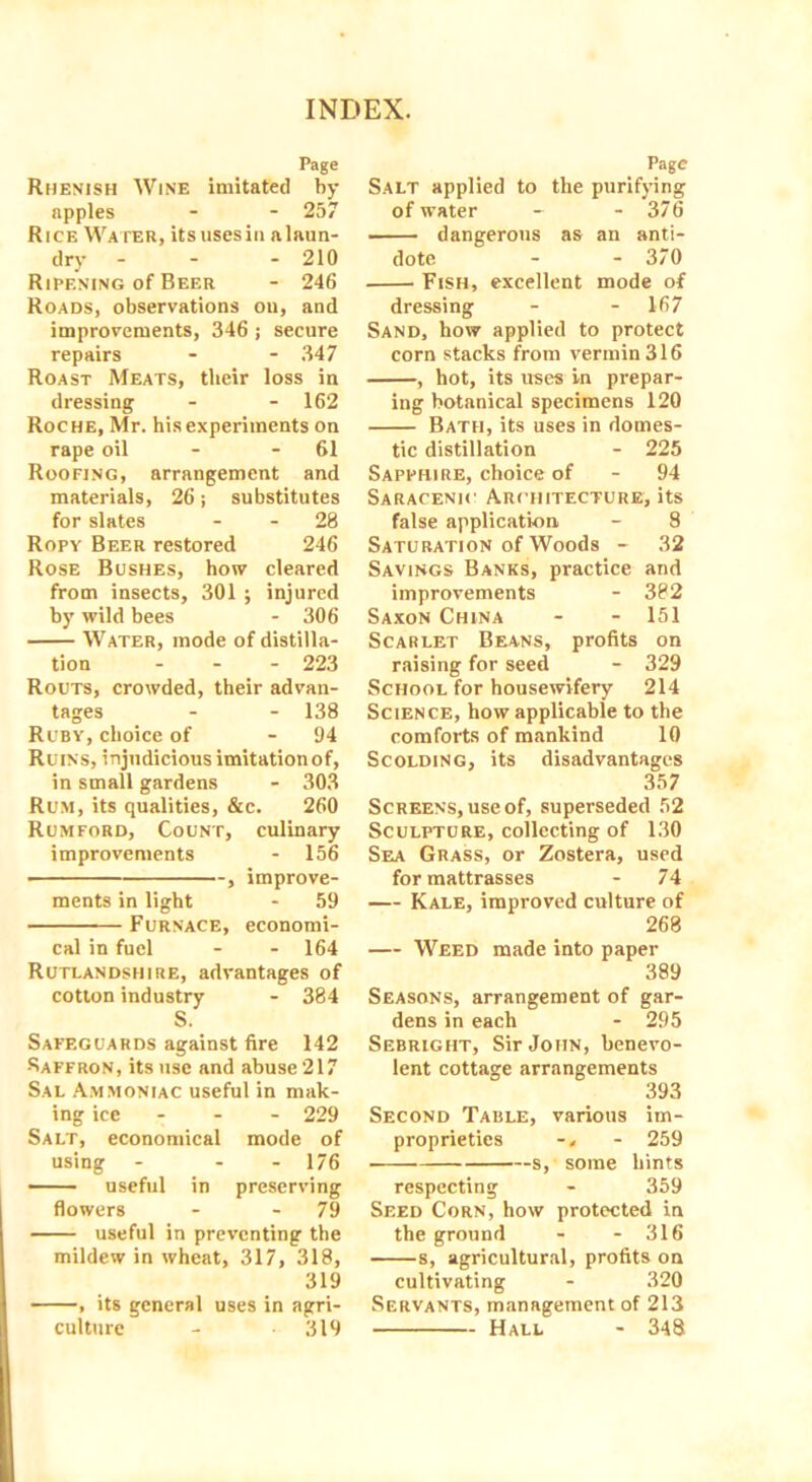 Page Rhenish Wine imitated by- apples - - 257 Rice Water, its uses in alaun- dry - - - 210 Ripening of Beer - 246 Roads, observations oil, and improvements, 346 j secure repairs - - 347 Roast Meats, their loss in dressing - - 162 Roche, Mr. his experiments on rape oil - 61 Roofing, arrangement and materials, 26; substitutes for slates - 28 Ropy Beer restored 246 Rose Bushes, how cleared from insects, 301 ; injured by wild bees - 306 Water, mode of distilla- tion - 223 Routs, crowded, their advan- tages - - 138 Ruby, choice of - 94 Ruins, injudicious imitationof, in small gardens - 303 Rum, its qualities, &c. 260 Rumford, Count, culinary improvements - 156 , improve- ments in light - 59 Furnace, economi- cal in fuel - - 164 Rutlandshire, advantages of cotton industry - 384 S. Safeguards against fire 142 Saffron, its use and abuse 217 Sal Ammoniac useful in mak- ing ice - - - 229 Salt, economical mode of using - - - 176 — - useful in preserving flowers - - 79 useful in preventing the mildew in wheat, 317, 318, 319 , its general uses in agri- culture - 319 Page Salt applied to the purify-ing of water - - 376 -- — dangerous as an anti- dote - - 370 Fish, excellent mode of dressing - - 167 Sand, how applied to protect corn stacks from vermin 316 , hot, its uses in prepar- ing botanical specimens 120 Bath, its uses in domes- tic distillation - 225 Sapphire, choice of - 94 Saracenic Architecture, its false application - 8 Saturation of Woods - 32 Savings Banks, practice and improvements - 382 Saxon China - - 151 Scarlet Beans, profits on raising for seed - 329 School for housewifery 214 Science, how applicable to the comforts of mankind 10 Scolding, its disadvantages 357 Screens, use of, superseded 52 Sculpture, collecting of 130 Sea Grass, or Zostera, used for mattrasses - 74 — Kale, improved culture of 268 — Weed made into paper 389 Seasons, arrangement of gar- dens in each - 295 Sebright, Sir John, benevo- lent cottage arrangements 393 Second Table, various im- proprieties -, - 259 s, some hints respecting - 359 Seed Corn, how protected in the ground - - 316 s, agricultural, profits on cultivating - 320 Servants, management of 213 Hall - 348