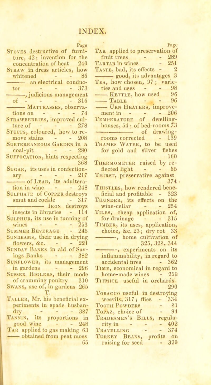 Page Stoves destructive of furni- ture, 42; invention for the concentration of heat 240 Straw in dress articles, how whitened 86 an electrical conduc- tor ... 373 , judicious management of - 316 Mattrasses, observa- tions on - - - 74 Strawberries, improved cul- ture of 278 Stuffs, coloured, how to re- move stains - - 208 Subterraneous Garden in a coal-pit - - 280 Suffocation, hints respecting 368 Sugar, its uses in confection- ary ... 217 of Lead, its adultera- tion in wine - - 248 Sulphate of Copper destroys smut and cockle - 317 Iron destroys insects in libraries - 114 Sulphur, its use in tunning of wines ... 253 Summer Beverage - 245 Sunbeams, their use in drying flowers, &c. - - 221 Sunday Banks in aid of Sav- ings Banks - - 382 Sunflower, its management in gardens - - 296 Sussex Higlers, their mode of cramming poultry 310 Swans, use of, in gardens 265 T. Taller, Mr. his beneficial ex- periments in spade husban- dry - - - 387 Tannin, its proportions in good wine - - 248 Tar applied to gas making 63 obtained from peat moss 65 Page Tar applied to preservation of fruit trees - - 289 Tartar in wines - 251 Taste, bad, its effects - 2 good, its advantages 3 Tea, how chosen, 97 ; varie- ties and uses - - 98 Kettle, how used 96 Table - - 96 Urn Heaters, improve- ment in - - - 206 Temperature of dwelling- houses, 54 j of bed-rooms 73 of drawing- rooms corrected - 139 Thames Water, to be used for gold and silver fishes 160 Thermometer raised by re- flected light - - 55 Thirst, preservative against 374 Thistles, how rendered bene- ficial and profitable - 323 Thunder, its effects on the wine-cellar - - 254 Tiles, cheap application of, for drainage - - 315 Timber, its uses, application, choice, &c. 23; dry rot 33 , home cultivation of 325, 328, 344 —— ■■-, experiments on its inflammability, in regard to accidental fires - 362 Time, economical in regard to home-made wines - 259 Titmice useful in orchards 290 Tobacco useful in destroying weevils, 317 ; flies - 334 Tooth Powders - 81 Topaz, choice of - 94 Tradesmen’s Bills, regula- rity in 402 Travelling - - 374 Turkey Beans, profits on raising for seed - 320