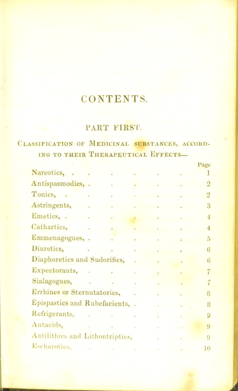 CONTENTS. PART FIRS r. Classificatiok of 3Iedicinal substances, accoiiu- ING TO THEIR THERAPEUTICAL EFFECTS— Page Narcotics, ...... 1 Antispasmodics, ..... 2 Tonics, ...... 2 Astringents, ..... 3 Emetics, ...... 4 Cathartics, ..... 4 Emmenagogues, ..... Diuretics, ..... 6 Diaphoretics and Sudorifics, ... (J Expectorants, ..... 7 Sialagogues, ..... 7 Errhiiies or Sternutatories, ... 8 Epispastics and Rubefacients, ... 8 Refrigerants, .... 3 Antacids, • . . . . 9 Antilitliicb and Liliiontriptic.s, . . 9 E'charoties, • ■ ■ . . 10