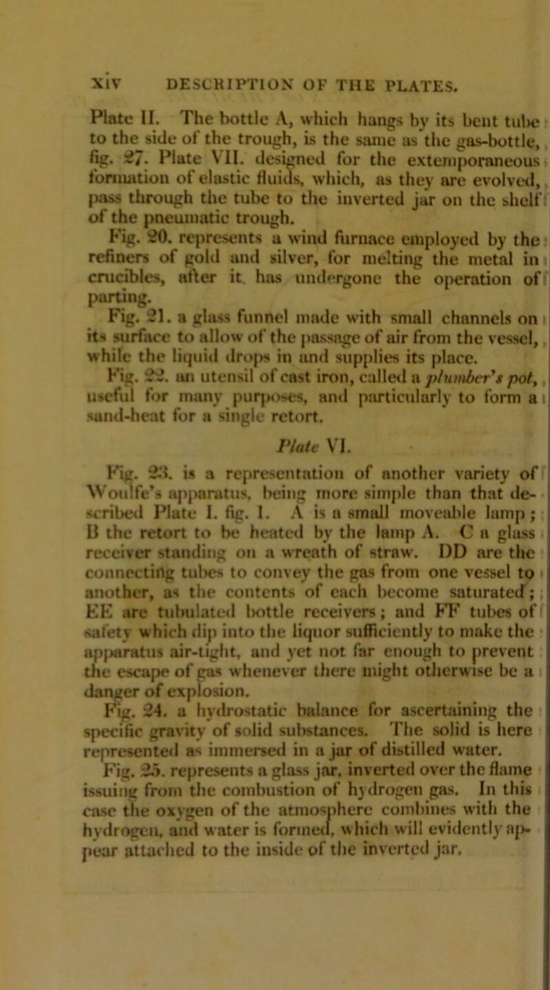 xiv DESCRIPTION OF THE PLATES. Plate II. The bottle A, which hangs by its bent tube to the side of the trough, is the same as the gas-bottle, fig. ~7- Plate VII. designed for the extemporaneous formation of elastic fluids, which, as they are evolved, pass through the tube to the inverted jar on the shelf of the pneumatic trough. Fig. 20. represents a wind furnace employed by the refiners of gold and silver, for melting the metal in crucibles, after it has undergone the operation of parting. Fig. 21. a glass funnel made with small channels on its surface to allow of the passage of air from the vessel, while the liquid drops in and supplies its place. Fig. 22. an utensil of cast iron, called a plumber's pot, usefid for many purposes, and particularly to form a sund-heat for a single retort. Plate VI. Fig. 23. is a representation of another variety of Woulfe’s apparatus, being more simple than that de- j scribed Plate I. fig. 1. A is a small moveable lump; B the retort to be heated by the lamp A. C a glass j receiver standing on a wreath of straw. I)D are the connecting tubes to convey the gas from one vessel to another, as the contents of each become saturated; EE are tubulated 1 Kittle receivers; and FF tubes of safety which dip into the liquor sufficiently to make the apparatus air-tight, and yet not far enough to prevent the escape of gas whenever there might otherw ise be a danger of explosion. Fig. 24. a hydrostatic balance for ascertaining the specific gravity of solid substances. The solid is here represented as immersed in a jar of distilled water. Fig. 25. represents a glass jar. inverted over the flame issuing from the combustion of hydrogen gas. In this case the oxygen of the atmosphere combines with the hydrogen, and water is formed, which w ill evidently ap- pear attached to the inside of the inverted jar.