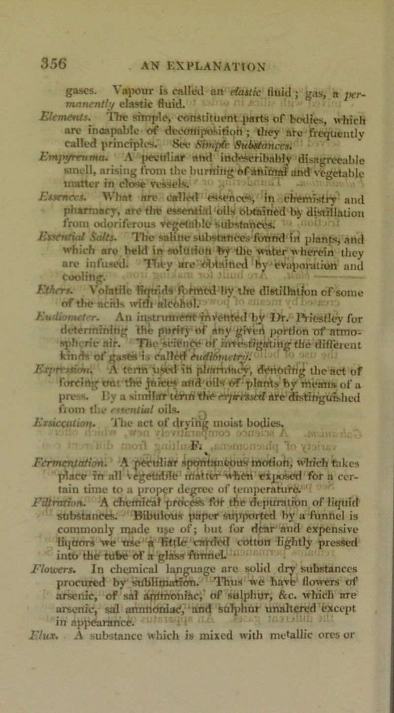 gases. Vapour is called an elastic fluid; gas, a ;*r- mnnently elastic fluid. Elements. The simple, constituent parts of bodies, which are incapable of decomposition ; they are frequently called principles. See Shujile fhtbetaiurs. Emjyreuma. A itevuliar and indescribably disagreeable smell, arising from the burning of animal and vegetable matter in close vessels. 1 •»’! Essences. What are called essence's, in chemistry and pharmacy, are the essential oils obtained by distiilaLion from odoriferous vegetable substances. Essential Salts. The saline substances fotrml in plants, and which are held in solution by the water wherein they are infused. Hiey are rttiaineii by evaporation and cooling. ' u»i jliud nf. .1.. ■ Ethers. Volatile liquids fbrtncd by the distillation of some of the acitls with nlcohdl. 'I 11 111 :I 1 '■' J •• Eudiometer. An instrument invented hy lh\ lYiostlcy for detenninittg the purify of any given portion of ntmo- spherie air. The sdflnty* of investigating the Afferent kinds'of gases i.> railed kidltonetnii 1 Erjirrstum, A term used iti pltartitmy, denoting the act of forcing bttt the juices attdnils of plants hy menus of a press. IJy a siirdlirr tittrfi the rrpIri'Sserf are distinguished from the essential oils. . mUi,a. The act of drying moist bodies. i.:■ ■ ..uji Fi'.s.rm.j:, ihjiox;v:,;: Fermentation. A peculiar spontaneous motion, which hikes place in all vegetable1 rnaltvr when eiymscd for a cer- tain time to a proper degree of temperature. Filtration. A chemical process flit the depuration of liquid substances. Bibulous paper supported by a funnel is commonly made use of; but for dear and expensive liquors we use a Kttle earth'd cotton lightly pressed into the tube of a glass funnel. ■ Flowers. In chemical language arc solid dry substances procured by sublimation. Thus we havb flowers of arsenic, of sal antmonitic, of sulphur, &c. which arc arsenic, sal ammoniac', and sulphur unaltered except in appearance. Flux. A substance which is mixed with metallic ores or