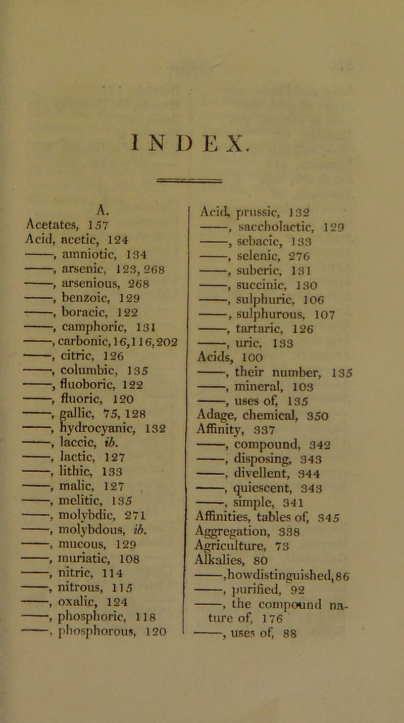 INDE X. A. Acetates, 157 Acid, acetic, 124 , araniotic, 134 .arsenic, 123,268 , arsenious, 268 , benzoic, 129 , boracic, 122 , camphoric, 131 , carbonic, 16,116,202 , citric, 126 , columbic, 135 , flnoboric, 122 , fluoric, 120 , gallic, 75, 128 , hydrocyanic, 132 , laccic, ib. , lactic, 127 , lithic, 133 , malic, 127 , melitic, 135 , molybdic, 271 , molybdous, ib. , mucous, 129 , muriatic, 108 , nitric, 114 , nitrous, 115 , oxalic, 124 , phosphoric, 118 , phosphorous, 120 Acid, prussic, 132 , saccholactic, 129 , sebacic, 133 , selenic, 276 , suberic, 131 , succinic, 130 , sulphuric, 106 , sulphurous, 107 , tartaric, 126 , uric, 133 Acids, 100 , their number, 135 , mineral, 103 , uses of, 135 Adage, chemical, 350 Affinity, 337 , compound, 342 , disposing, 343 , divellent, 344 , quiescent, 343 , simple, 341 Affinities, tables of, 345 Aggregation, 338 Agriculture, 73 Alkalies, 80 ,howdistinguished,86 , purified, 92 , the compound na- ture of, 176 , uses of, 88