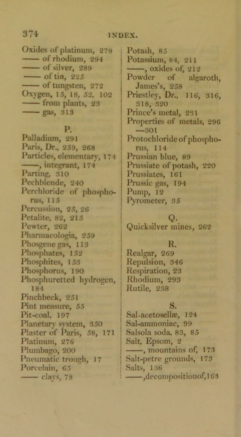 371- Oxides of platinum, 279 of rhodium, 294 of silver, 289 of tin, 225 of tungsten, 272 Oxygen, 15, 18, 52, 102 from plants, 23 gas, 313 P. Palladium, 291 Paris, Dr., 259, 268 Particles, elementary, 174 , integrant, 174 Parting, 310 Pechblende, 240 Perchloride of phospho- rus, 115 Percussion, 25, 26 Petalite, 82, 215 Pewter, 262 Pharmacologia, 259 Phosgene gas, 113 Phosphates, 152 Phosphites, 153 Phosphorus, 190 Phosphuretted hydrogen, 184 Pinchbeck, 251 Pint measure, 55 Pit-coal, 197 Planetary system, 350 Plaster of Paris, 58, 171 Platinum, 276 Plumbago, 200 Pneumatic trough, 17 Porcelain, 65 clays, 78 Potash, 85 | Potassium, 84, 211 , , oxides of, 212 ' Powder of algaroth, James’s, 258 Priestley, Dr., 116, 316, 318, 320 Prince’s metal, 231 Properties of metals, 296 —301 Protochloride of phospho- rus, 114 j Prussian blue, 89 Prussiate of potash, 220 Prussiates, 161 Prussic gas, 194 Pump, 12 Pyrometer, 35 Quicksilver mines, 262 R. Realgar, 269 | Repulsion, 346 Respiration, 23 ; Rhodium, 293 I Rutile, 238 j S. | Sal-acctosclla?, 124 Sal-ammoniac, 99 I Salsola soda, 83, 85 j Salt, Epsom, 2 , mountains of, 173 I Salt-petre grounds, 173 : Salts, 136 ,decompositionof,168