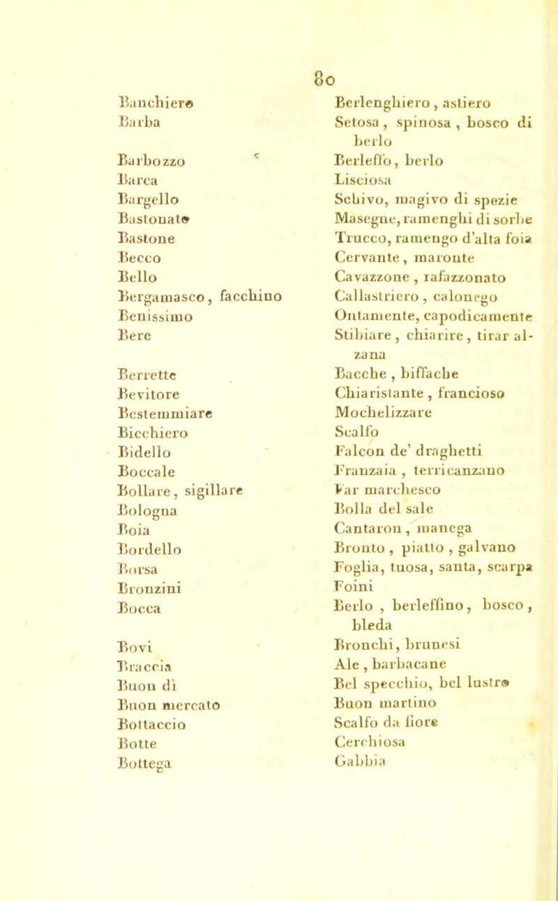 Banchiere Ba rba Barbozzo Barca Bargello Bastonai» Bastone Becco Bello Bergamasco, facchino Benissimo Bere Berrette Bevitore Bestemmiare Bicchiero Bidello Boccale Bollare, sigillare Bologna Boia Bordello Borsa Bronzini Bocca Bovi Braccia Buo 11 dì Buon mercato Bottaccio Botte Bottega Berlenghiero, astierò Setosa, spinosa, bosco di berlo BerlefJ'o, berlo Lisciosa Schivo, magivo di spezie Masegne, ramenghi di sorbe Trucco, ramengo d’alta foia Cervante, maronte Cavazzone , rafazzonato Callastriero, calonego Ontamente, capodicamente Stibiare , chiarire, tirar al- zana Bacche , biffacbe Chiaristante, francioso Mochelizzare Scalfo Falcon de’ draghetti Bronzai a , terricanzano Far marchesco Bolla del sale Cantarou, manega Bronto , piatto , galvano Foglia, tuosa, santa, scarpa Foini Berlo , berlefllno, bosco , bleda Bronchi, hrunesi Ale, barbacane Bel specchio, bel lustra Buon martino Scalfo da fiore Cerchiosa Gabbia