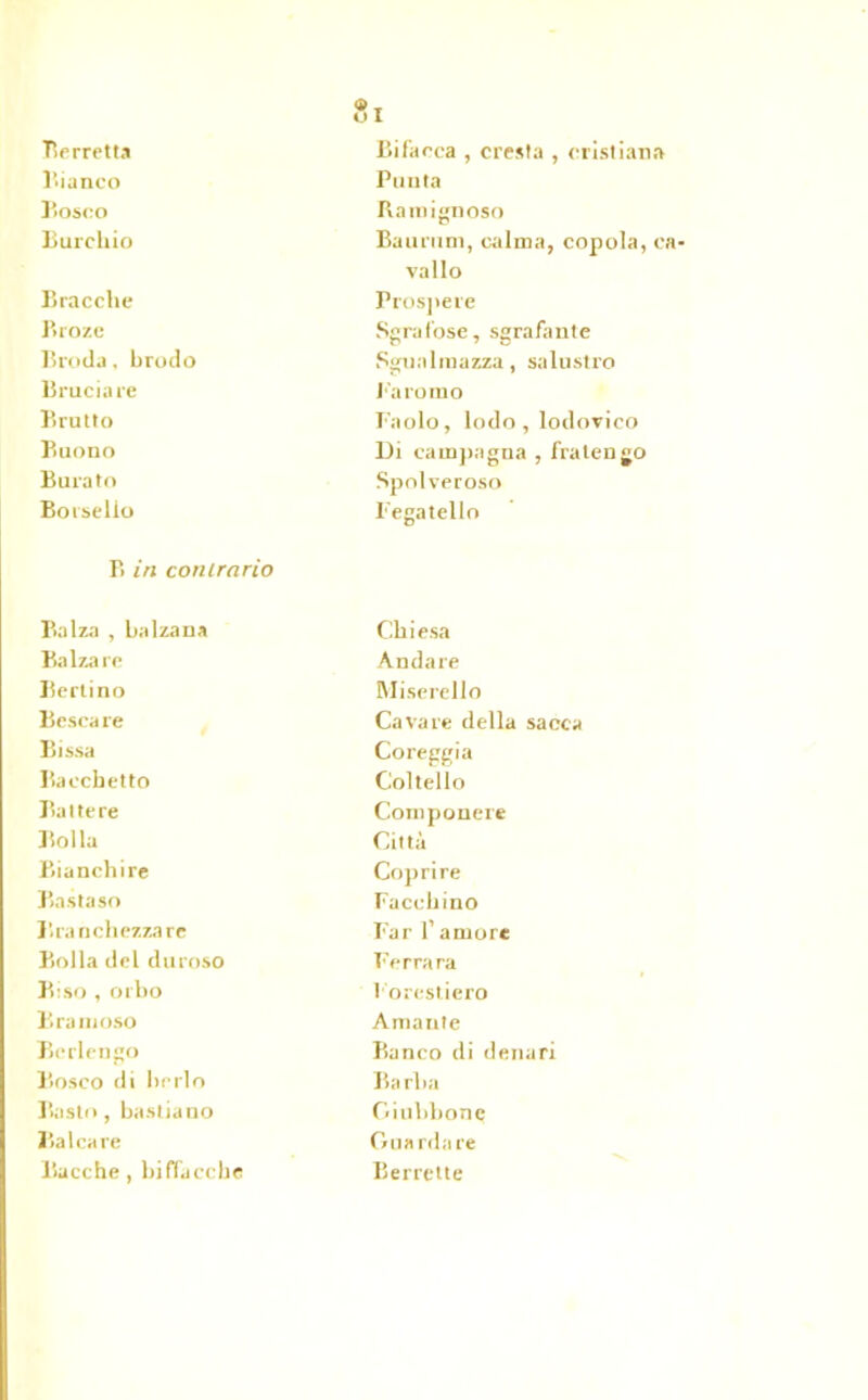 Bianco Punta Bosco Ramignoso Burchio Bauruni, calma, copola, i vallo Biacche Prospere Broze Sgrafose, sgrafante Broda, brodo Sgualmazza, salustro Bruciare l'aro mo Brutto Paolo, lodo, lodovico Buono Di camjiagna , fralengo Bucato Spolveroso Borsello Fegatello B in contrario Balza , balzana Chiesa Balzare Andare Bcrtino Miserello Besca re Cavare della sacca Bissa Coreggia Bacchetto Coltello Ba t te re Componere Bolla Città Bianchire Coprire Bastaso Facchino Bianchezza re Far l’amore Bolla del duroso Ferrara Biso , orbo 1 orcstiero Bramoso Amante Beri e ii«o Banco di denari Bosco di berlo Barba Basto, bastiano Giubbone Bai care Guardare Bacche, biffaeche Berrette