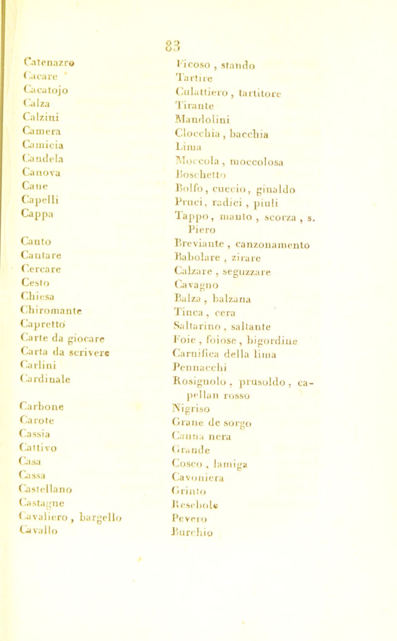 Gitenazre l'icoso , stando Cacare ' Tarli re Gicatojo Culattiero, ta riilo re ('alza Tirante Calzini Mandolini Camera Clocchia , bacchia Camicia Lima Candela Moecola , moccolosa Canova Boschetto Cane Bolfo, cuccio, ginaldo Capelli Bruci, radici , piuli Cappa Tappo, manto , scorza , s. Piero Canto P.reviante , canzouamento Cauta re Eabolare , zirare Cercare Calzare , seguzzare Cesto Cavagno Chiesa Balza , balzana Chiromante Tinca, cera Capretto Saltarino, saltante Carte da giocare Foie , foiose, bigordine Carta da scrivere Camitica della lima Carlini Pennacchi Cardinale Rosignolo , prusoldo , ca- pellan rosso Ca rhone Nigriso Carote Grane de sorgo Cassia Canna nera Cattivo Grande Gasa Cosco , lamig» Cassa Cavoniera Castellano Grimo Castagne Rescinde Cavaliere, bargello Pevere Cavallo Burchio