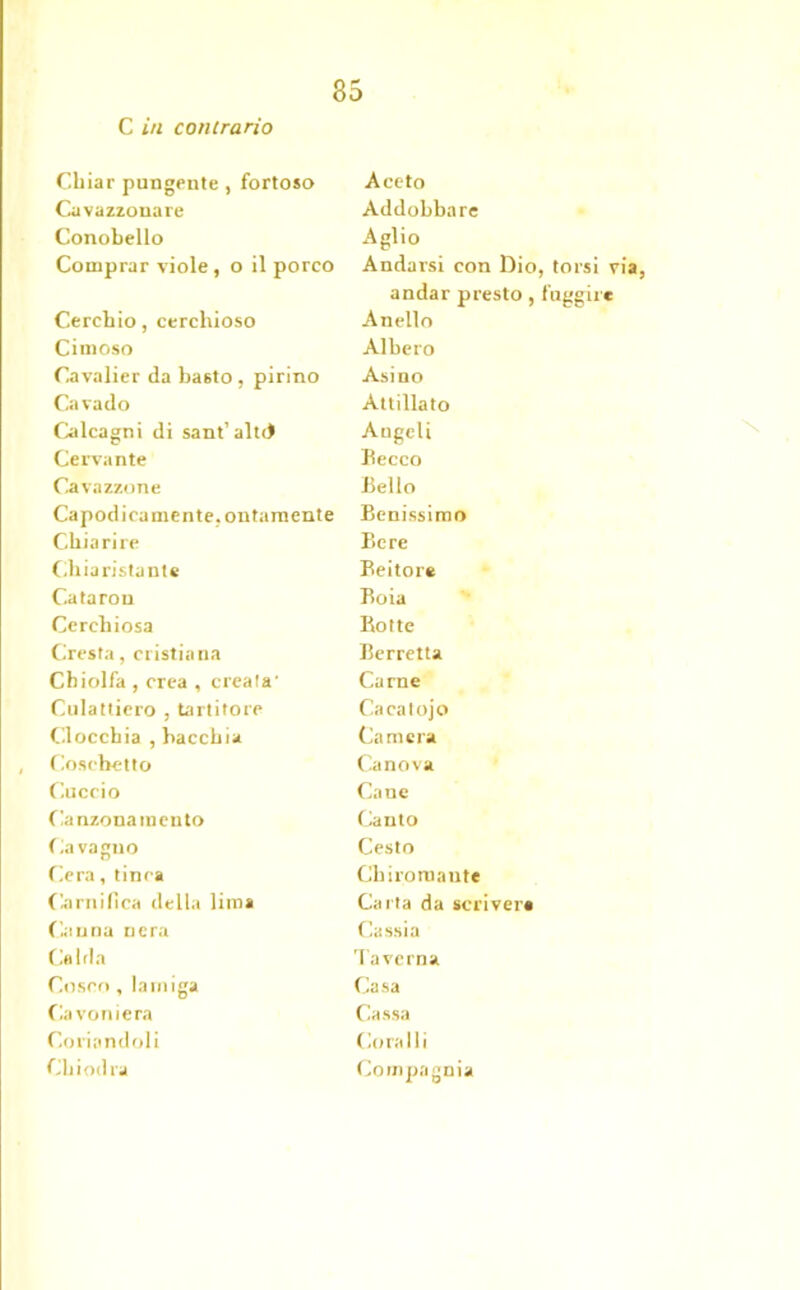 C in contrario Cliiar pungente , fortoso Cavazzonare Conobello Comprar viole, o il porco Cerchio, cerchioso Cimoso Cavalier da ba6to, pirino Cavado Calcagni di sant’alti) Cerva nte Cavazzone Capodicamente, ontamente Chiarire Chiaristante Cataro a Cercbiosa Cresta, cristiana Cbiolfa , crea , creata- Culattiero , tartitore Clocchia , bacchia Coscbetto Cuccio Ca nzonamento Ca vaglio Cera, tinca Cornifica della lima Canna nera Calda Cosco , lamiga Cavoniera Coriandoli Chiod ra Aceto Addobbare Aglio Andarsi con Dio, torsi via, andar presto, fuggii* Anello Albero Asino Attillato Angeli Becco Bello Benissimo Bere Beitore Boia Botte Berretta Carne Ca catojo Camera Canova Cane Canto Cesto Chiromante Carta da scriver* Ca ssi a Taverna Casa Cassa Coralli Compagnia