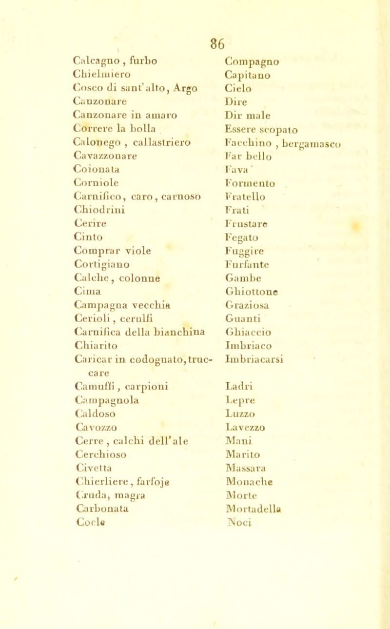 Calcagno , furbo Cbieluiiero Cosco di sant’alto, Argo Canzonare Canzonare in amaro Correre la bolla Calonego , eallastriero Cavazzonare Coiona ta Corniole Carnilico, caro, carnoso Chiodrini Ce ri re Cinto Comprar viole Cortigiano Calche, colonne Cinta Campagna vecchia Cerioli, cerali! Carnifica della bianchina Chiarito Caricar in codognato,truc- ca re Camuffi, carpioni Campagnola Caldoso Cavozzo Cerre , calchi dell’ale Cerchioso Civetta Chierliere, farfojs ( roda, magra Carbonata Code 86 Compagno Capita no Cielo Dire Dir male Essere scopato Facchino , bergamasco Far bello Fava ' Formento Fratello Frati Frustare Fegato Fuggire F urfante Gambe Ghiottone Grazi osa Guanti Ghiaccio Imbriaco Imbriacarsi Ladri Lepre Luzzo Lavezzo Mani Marito Massara Monache Morte Mortadella Noci