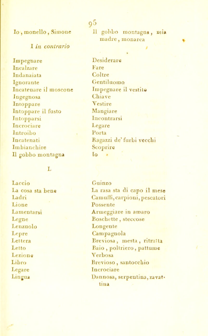 Io , monello , Siinoiie Il gobbo montagna, mia I iti contrario madre, monarca i Impegnare Desiderare Incalzare Fare Indanaiata Coltre Ignorante Gentiluomo Incatenare il moscone Impegnare il vestito Ingegnosa Chiave Intoppare Vestire Intoppare il fusto Mangiare Intopparsi Incontrarsi Incrociare Legare Introibo Porta Incatenati Ragazzi de’furbi vecchi Imbianchire Scoprire Il gobbo montagna Io • L Laccio Guinzo La cosa sta bene La rasa sta di capo il mese Ladri Camuffi, carpioni, pescatori Lione Possente Lamentarsi Armeggiare in amaro Legne Boschctte, steccose Lenzuolo Lon gente Lepre Campagnola Lettera llreviosa, mesta, ritratta Letto Raio , poltriero , pattume Lezione Verbosa Libro Brevioso, santocchio Legare Incrociare Lingua Dannosa, serpentina, zavat- lina