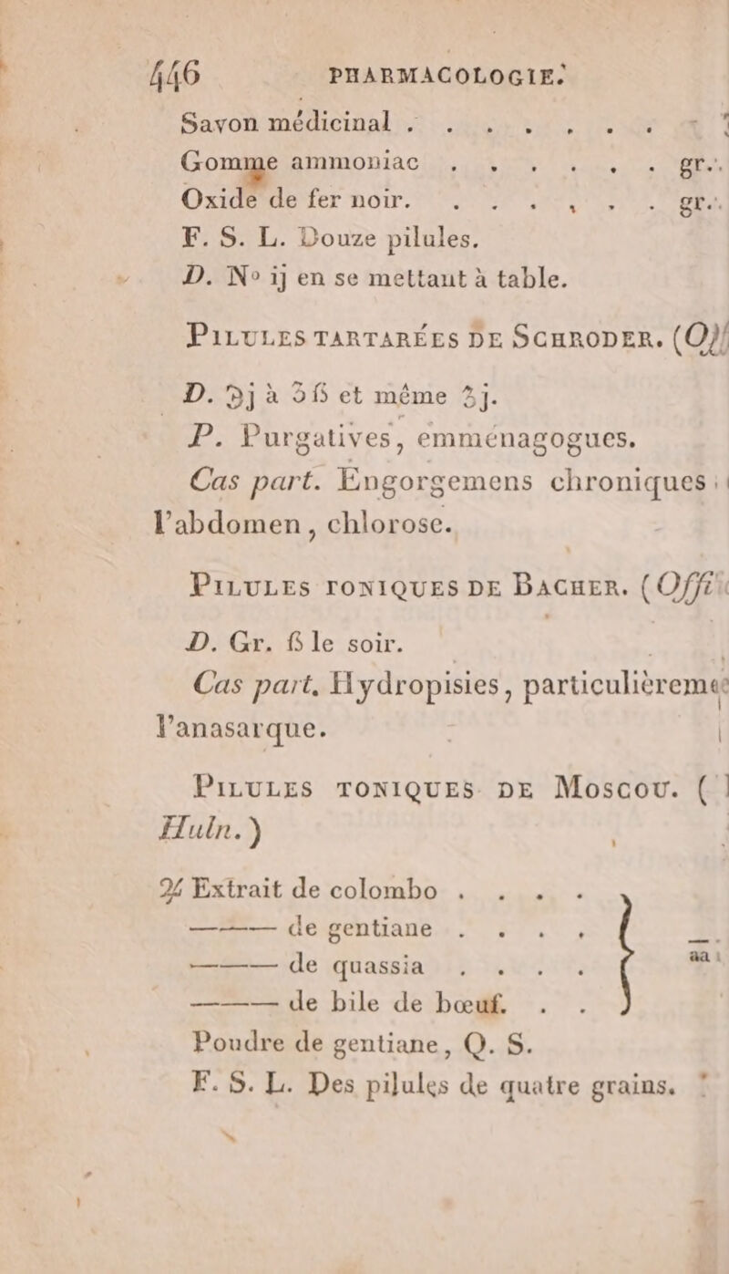 SarOR MÉTRICMIAE 2 2104 20200 LP On Gomge ammoniac , + ne D'OR Oxide de fer noir. D'Or Ve ER F. S. L. Douze pilules. D. N° ij en se mettant à table. PiLuLES TARTARÉES DE SCHRODER. (O}/ | D. 9j 2fet même 3]: P. Purgatives, emménagogues. Cas part. Engorgemens chroniques: l'abdomen, chlorose. PiLuLEs roniQUES DE BaCuer. (Off D. Gr. À le soir. | | À Cas part, Hydropisies, particulièremes l’anasarque. | PiLULES TONIQUES DE Moscou. (| Huln.) 2% Extrait de colombo ; ——— de gentiane . . ——— de quassia . , . . . ——— de bile de bœuf, Poudre de gentiane, Q. S. FE. S. L. Des pilules de quatre grains. »