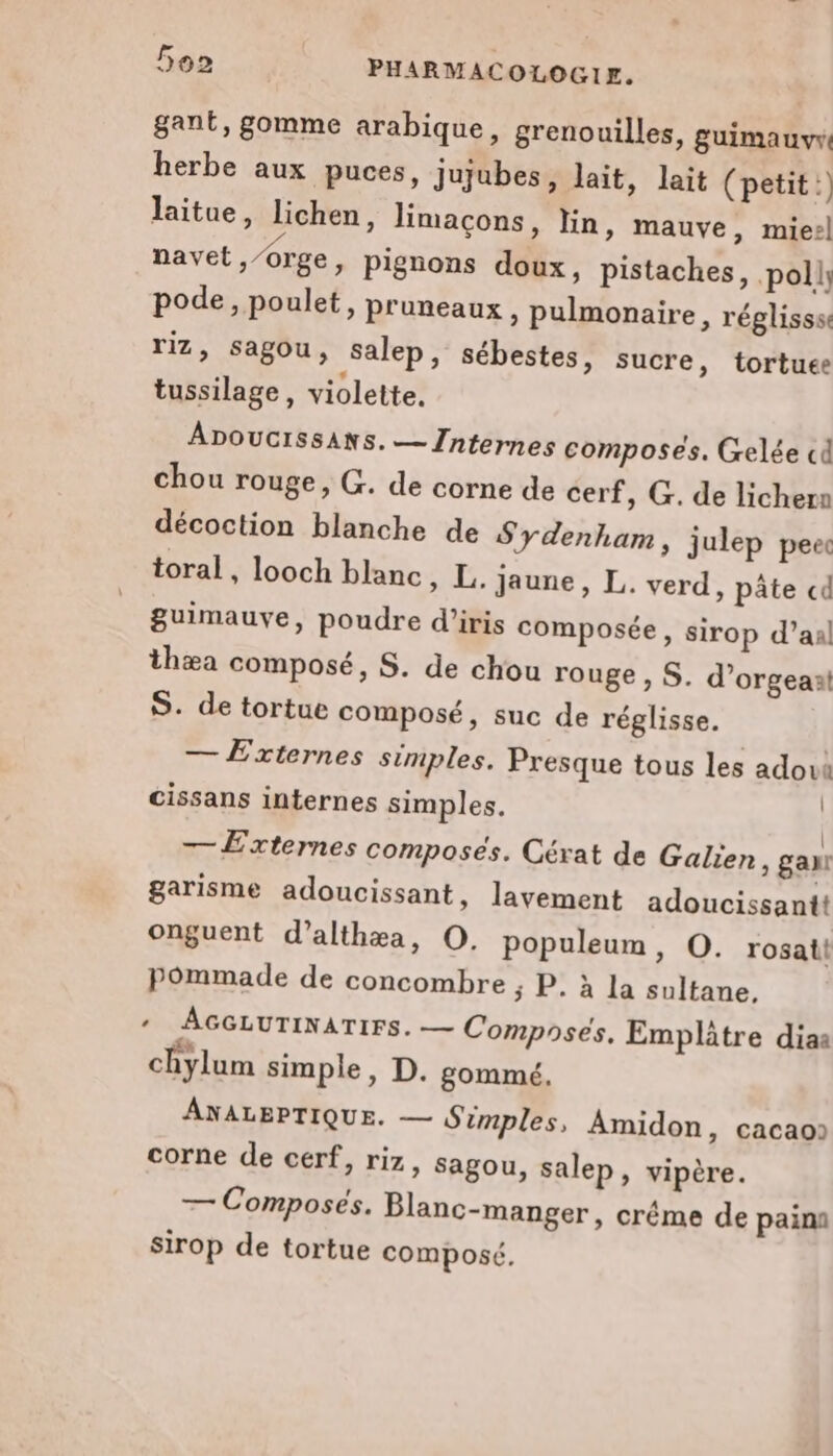 gant, gomme arabique, grenouilles, guimauvr herbe aux puces, jujubes, lait, lait (petit :) laitue, lichen, limaçons, lin, mauve, mie:l navet Orge &gt; Pignons doux, pistaches, polls pode, poulet, pruneaux , pulmonaire, réglissse riz, Sagou, salep, sébestes, sucre, tortuee tussilage, violette, ADOUCISSANS. — Jntemnes composes. Gelée cd chou rouge, G. de corne de cerf, G. de lichern décoction blanche de Sydenham, julep pee toral, looch blanc, L, jaune, L. verd, pâte cd guimauve, poudre d'’iris composée, sirop d’aal thæa composé, S. de chou rouge , S. d’orgeaat S. de tortue composé, suc de réglisse. — Externes simples. Presque tous les adovt cissans internes simples. | — Externes composés. Cérat de Galien, gawr garisme adoucissant, lavement adoucissanit onguent d’althæa, ©. populeum, O. rosail pommade de concombre ; P. à la sultane. * AGGLUTINATIFS. — Compnsés. Emplûtre diaa chylum simple, D. gommé. ANALBPTIQUE. — Simples, Amidon, cacao» corne de cerf, riz, sagou, salep, vipère. — Composes. Blanc-manger, créme de painn sirop de tortue composé.