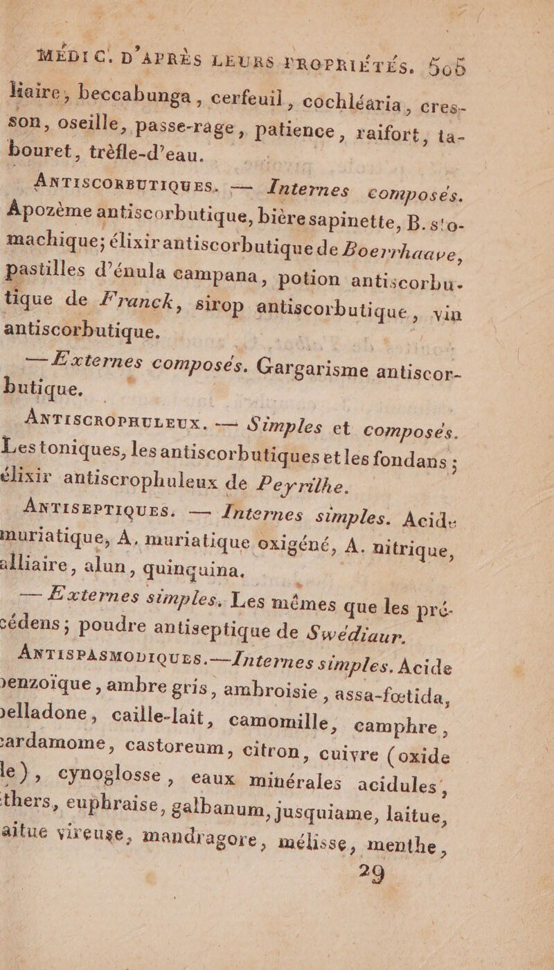 liaire, beccabunga, cerfeuil, cochléäria, cres.- son, oseille, passe-rage, patience, raifort, ta- bouret, trèfle-d’eau. ANTISCORBUTIQUES. — Internes composes. Apozème antiscorbutique, bièresapinette, B.s'o- machique; élixirantiscorb utique de Boerrhaave, pastilles d’énula Sampana, potion antiscorbu. tique de Franck, sirop anüiscorbutique, vin antiscorbutique. | | Los — Æxternes composés. Gargarisme antiscor- butique. ve ( ANTISCROPHULEUX, -— S'imples et composés. Les toniques, les antiscorb utiques et les fondans : élixir antiscrophuleux de Peyrilhe. ANTISEPTIQUES. — Jnternes simples. Acid: muriatique, À, muriatique oxigéné, À. nitrique, alliaire, alun, quinquina. ? — Externes simples. Les mêmes que les pré. cédens ; poudre antiseptique de Swédiaur. ANTISPASMOLIQUES.-—]/nternes simples, Acide &gt;enzoïque , ambre gris, ambroisie ; assa-fœtida, &gt;elladone, caille-lait, camomille &gt; Camphre, ardamome, Castoreum, citron, cuivre (oxide le), cynoglosse, eaux minérales acidules, thers, euphraise, galbanum, jusquiame, laitue, aitue vireuse, mandragore, mélisse , menthe, 29