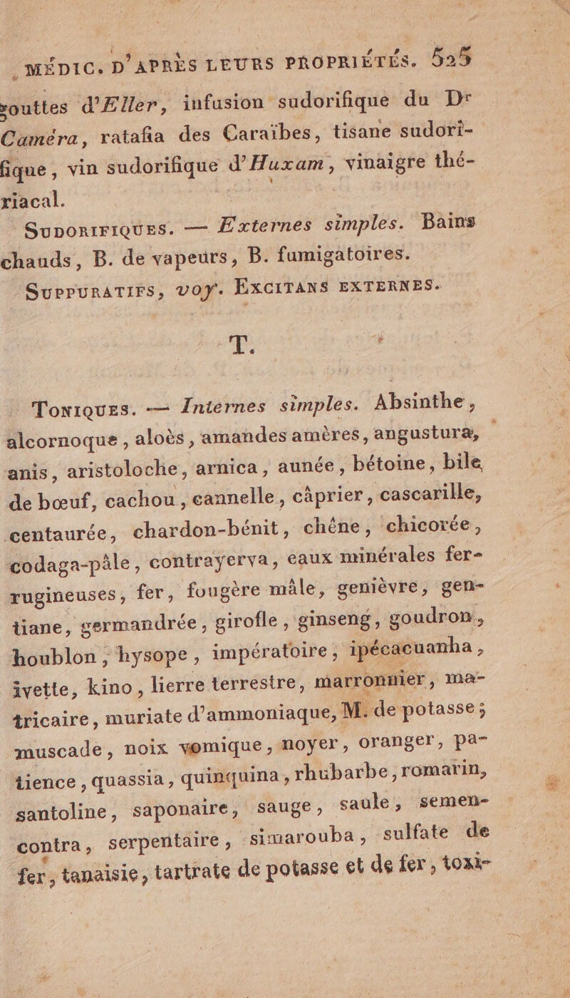 souttes dEller, infusion sudorifique du Dr fique, vin sudorifique d’'Huxam, vinaigre thé- riacal. | SupontriqQues. — Éxternes simples. Bains chauds, B. de vapeurs, B. famigatoires. SuPPURATIFS, VOY. ExXCITANS EXTERNES. TE: ; Toniques. -— Îniernes simples. Absinthe, de bœuf, cachou , cannelle, càprier, cascarille, centaurée, chardon-bénit, chêne, chicorée, codaga-päle, contrayerva, eaux minérales fer- rugineuses, fer, fougère mâle, gemièvre, gen- tiane, germandrée, girofle, ginseng, goudron, houblon ; hysope, impératoire, ipécacuanha à ivette, kino, lierre terrestre, marronuier , ma- tricaire, muriate d’'ammoniaque, M. de potasse; muscade, noix vemique,moyer, oranger, Par tience , quasSia , quinquina, rhub arbe , romarin, santoline, saponaire , sauge, saule, semen- contra, serpentaire, gimarouba, sulfate de fer ; tanaisie, tartrate de potasse et de fer, toxi-