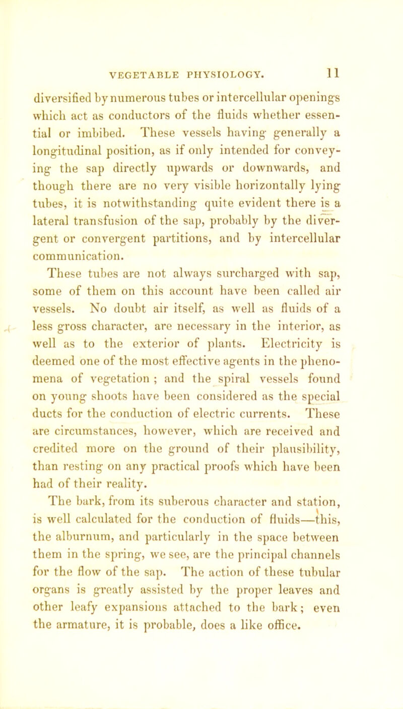 diversified by numerous tubes or intercellular openings which act as conductors of the fluids whether essen- tial or imbibed. These vessels having generally a longitudinal position, as if only intended for convey- ing the sap directly upwards or downwards, and though there are no very visible horizontally lying tubes, it is notwithstanding quite evident there is a lateral transfusion of the sap, probably by the diver- gent or convergent partitions, and by intercellular communication. These tubes are not always surcharged with sap, some of them on this account have been called air vessels. No doubt air itself, as well as fluids of a less gross character, are necessary in the interior, as well as to the exterior of plants. Electricity is deemed one of the most effective agents in the pheno- mena of vegetation ; and the spiral vessels found on young shoots have been considered as the special ducts for the conduction of electric currents. These are circumstances, however, which are received and credited more on the ground of their plausibility, than resting on any practical proofs which have been had of their reality. The bark, from its suberous character and station, is well calculated for the conduction of fluids—this, the alburnum, and particularly in the space between them in the spring, we see, are the principal channels for the flow of the sap. The action of these tubular organs is greatly assisted by the proper leaves and other leafy expansions attached to the bark; even the armature, it is probable, does a like office.