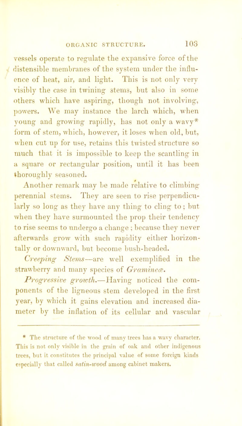 vessels operate to regulate the expansive force of the distensible membranes of the system under the influ- ence of heat, air, and light. This is not only very visibly the case in twining stems, but also in some others which have aspiring, though not involving, powers. We may instance the larch which, when young- and growing- rapidly, has not only a wavy* form of stem, which, however, it loses when old, but, when cut up for use, retains this twisted structure so much that it is impossible to keep the scantling in a square or rectangular position, until it has been thoroughly seasoned. O J Another remark may be made relative to climbing perennial stems. They are seen to rise perpendicu- larly so long as they have any thing to cling to; hut when they have surmounted the prop their tendency to rise seems to undergo a change ; because they never afterwards grow with such rapidity either horizon- tally or downward, but become bush-headed. Creeping Stems—are well exemplified in the strawberry and many species of Gvaminece. Progressive growth.—Having noticed the com- ponents of the ligneous stem developed in the first year, by which it gains elevation and increased dia- meter by the inflation of its cellular and vascular * The structure of the wood of many trees has a wavy character. This is not only visible in the grain of oak and other indigenous trees, but it constitutes the principal value of sonic foreign kinds especially that called satin-wood among cabinet makers.