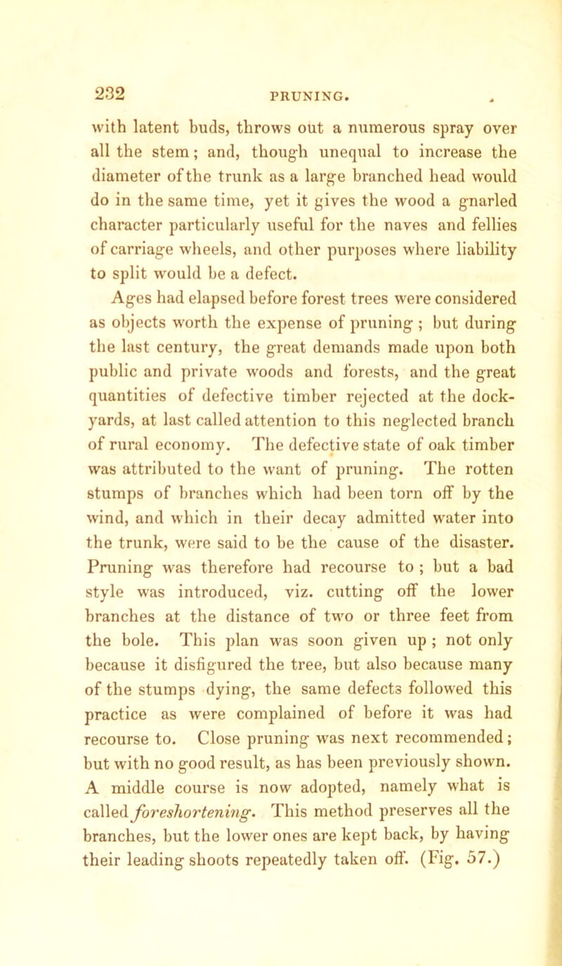 with latent buds, throws out a numerous spray over all the stem; and, though unequal to increase the diameter of the trunk as a large branched head would do in the same time, yet it gives the wood a gnarled character particularly useful for the naves and fellies of carriage wheels, and other purposes where liability to split would be a defect. Ages had elapsed before forest trees were considered as objects w'ortk the expense of pruning ; but during the last century, the great demands made upon both public and private woods and forests, and the great quantities of defective timber rejected at the dock- yards, at last called attention to this neglected branch of rural economy. The defective state of oak timber was attributed to the want of pruning. The rotten stumps of branches which had been torn off by the wind, and which in their decay admitted water into the trunk, were said to he the cause of the disaster. Pruning was therefore had recourse to ; hut a had style was introduced, viz. cutting off the lower branches at the distance of two or three feet from the bole. This plan was soon given up ; not only because it disfigured the tree, but also because many of the stumps dying, the same defects followed this practice as were complained of before it was had recourse to. Close pruning was next recommended; but with no good result, as has been previously shown. A middle course is now adopted, namely what is calledforeshortening. This method preserves all the branches, but the lower ones are kept back, by having their leading shoots repeatedly taken off. (Fig. 57.)