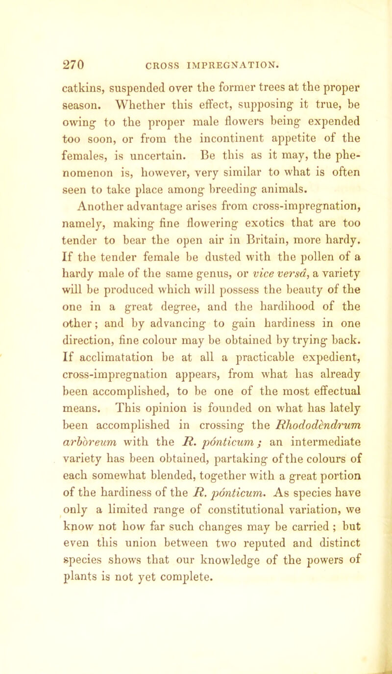 catkins, suspended over the former trees at the proper season. Whether this effect, supposing it true, be owing to the proper male flowers being- expended too soon, or from the incontinent appetite of the females, is uncertain. Be this as it may, the phe- nomenon is, however, very similar to what is often seen to take place among breeding animals. Another advantage arises from cross-impregnation, namely, making fine flowering exotics that are too tender to bear the open air in Britain, more hardy. If the tender female be dusted with the pollen of a hardy male of the same genus, or vice versa, a variety will be produced which will possess the beauty of the one in a great degree, and the hardihood of the other; and by advancing to gain hardiness in one direction, fine colour may be obtained by trying back. If acclimatation be at all a practicable expedient, cross-impregnation appears, from what has already been accomplished, to be one of the most effectual means. This opinion is founded on what has lately been accomplished in crossing the Rhododindrum arboreum with the R. ponticum; an intermediate variety has been obtained, partaking of the colours of each somewhat blended, together with a great portion of the hardiness of the R. ponticum. As species have only a limited range of constitutional variation, we know not how far such changes may be carried ; but even this union between two reputed and distinct species shows that our knowledge of the powers of plants is not yet complete.