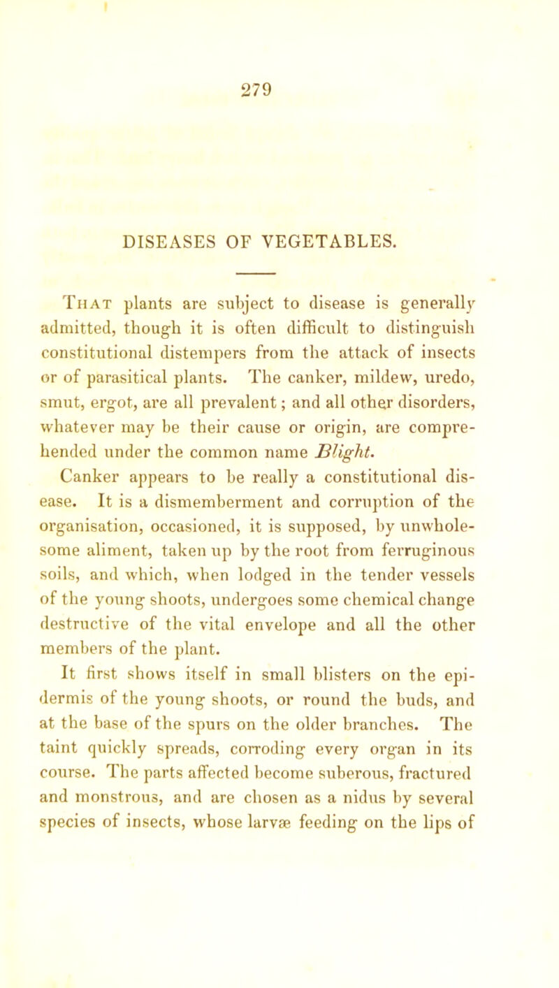 DISEASES OF VEGETABLES. That plants are subject to disease is generally admitted, though it is often difficult to distinguish constitutional distempers from the attack of insects or of parasitical plants. The canker, mildew, uredo, smut, ergot, are all prevalent; and all other disorders, whatever may be their cause or origin, are compre- hended under the common name Blight. Canker appears to be really a constitutional dis- ease. It is a dismemberment and corruption of the organisation, occasioned, it is supposed, by unwhole- some aliment, taken up by the root from ferruginous soils, and which, when lodged in the tender vessels of the young shoots, undergoes some chemical change destructive of the vital envelope and all the other members of the plant. It first shows itself in small blisters on the epi- dermis of the young shoots, or round the buds, and at the base of the spurs on the older branches. The taint quickly spreads, corroding every organ in its course. The parts affected become suberous, fractured and monstrous, and are chosen as a nidus by several species of insects, whose larvae feeding on the lips of