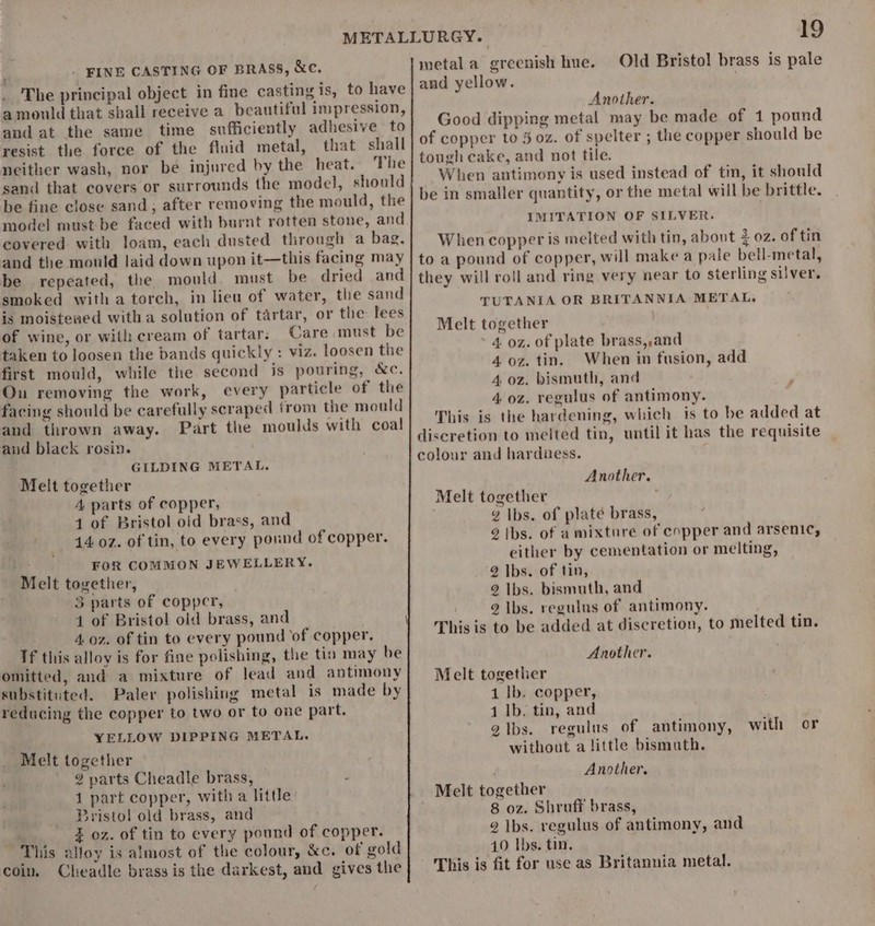 . FINE CASTING OF BRASS, &amp;e. The principal object in fine casting is, to have amould that shall receive a beautiful impression, and at the same time sufficiently adhesive to resist the force of the fluid metal, that shall neither wash, nor be injnred by the heat. The sand that covers or surrounds the model, should be fine close sand, after removing the mould, the mode! must be faced with burnt rotten stone, and covered with loam, each dusted through a bag, and the mould laid down upon it—this facing may be repeated, the mould must be dried and smoked with a torch, in lieu of water, the sand is moistened witha solution of tartar, or the lees of wine, or with cream of tartar. Care must be taken to loosen the bands quickly : viz. loosen the first mould, while the second is pouring, &amp;c, On removing the work, every particle of the facing should be carefully scraped from the mould and thrown away. Part the moulds with coal and black rosin. GILDING METAL. Melt together A parts of copper, 1 of Bristol oid brass, and 44 02. of tin, to every pound of copper. ie FOR COMMON JEWELLERY. Melt together, . 3 parts of copper, 1 of Bristol old brass, and 407. of tin to every pound of copper, Tf this alloy is for fine polishing, the tin may be omitted, and a mixture of lead and antimony substituted. Paler polishing metal is made by reducing the copper to two or to one part. YELLOW DIPPING METAL. Melt together 2 parts Cheadle brass, d 1 part copper, with a litde: 3ristol old brass, and — I oz. of tin to every pound of copper. This alloy is almost of the colour, &amp;e. of gold coin. Cheadle brass is the darkest, and gives the metal a greenish hue. Old Bristol brass is pale and yellow. . Another. Good dipping metal may be made of 1 pound of copper to 5 oz. of spelter ; the copper should be tough cake, and not tile. When antimony is used instead of tin, it should be in smaller quantity, or the metal will be brittle. IMITATION OF SILVER. When copper is melted with tin, about 2 oz. of tin to a pound of copper, will make a pale bell-metal, they will roll and ring very near to sterling silver. TUTANIA OR BRITANNIA METAL, Melt together ~ 4 oz. of plate brass,.and 4 oz. tin. When in fusion, add 4 oz. bismuth, and , 4 oz. regulus of antimony. This is the hardening, which is to be added at discretion to melted tin, until it has the requisite colour and hardness. Another. Melt together ¥ Ibs. of plate brass, 2 Ibs. of amixture of copper and arsenic, either by cementation or melting, ‘2 Ibs. of tin, 2 Ibs. bismuth, and 2 Ibs. reguilus of antimony. to be added at discretion, to melted tin. Another. This is Melt together 1 Ib. copper, 1 lb. tin, and glbs. reguius of antimony, with or without alittle bismuth. Another. Melt together 8 oz. Shruff brass, 2 Ibs. regulus of antimony, and 40 Ibs. tin. This is fit for use as Britannia metal.