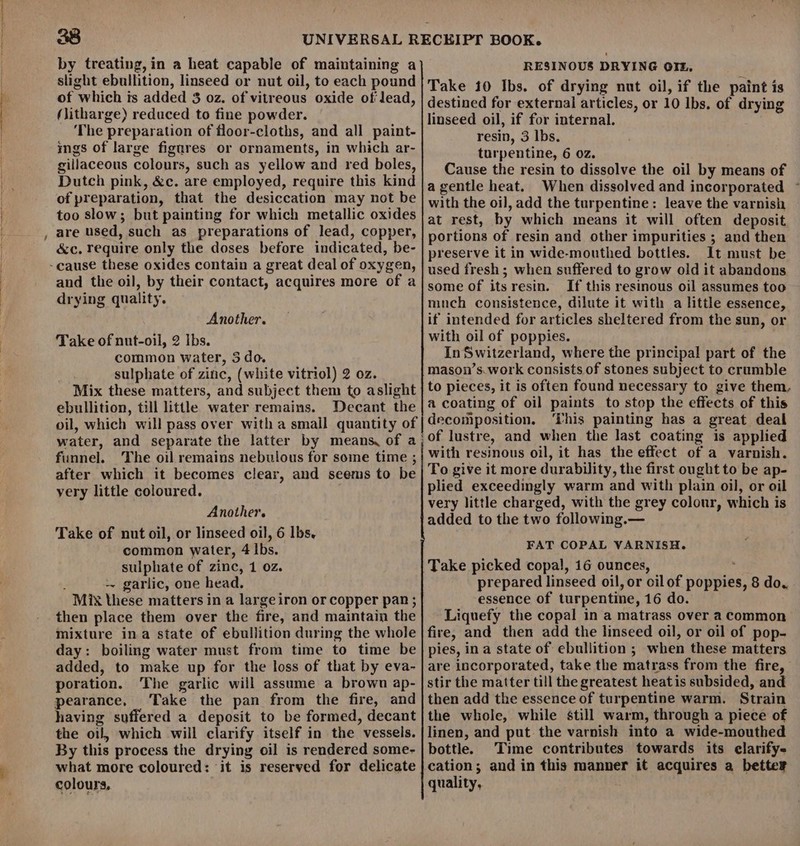 a a ae by treating, in a heat capable of maintaining a slight ebullition, linseed or nut oil, to each pound of which is added 3 oz. of vitreous oxide of lead, (itharge) reduced to fine powder. The preparation of floor-cloths, and all paint- ings of large figures or ornaments, in which ar- gillaceous colours, such as yellow and red boles, Dutch pink, &amp;c. are employed, require this kind of preparation, that the desiccation may not be too slow; but painting for which metallic oxides are used, such as preparations of lead, copper, &amp;c. require only the doses before indicated, be- and the oil, by their contact, acquires more of a drying quality. Another. Take of nut-oil, 2 Ibs. common water, 3 do. sulphate of zinc, (white vitriol) 2 oz. Mix these matters, and subject them to aslight ebullition, till little water remains. Decant the oil, which will pass over with a small quantity of water, and separate the latter by means. of a funnel. The oil remains nebulous for some time ; after which it becomes clear, and seems to be yery little coloured. Another. Take of nut oil, or linseed oil, 6 Ibs, common water, 4 Ibs. sulphate of zinc, 1 02. . ~~ garlic, one head. Mix these matters in a large iron or copper pan ; then place them over the fire, and maintain the mixture ina state of ebullition during the whole day: boiling water must from time to time be added, to make up for the loss of that by eva- poration. The garlic will assume a brown ap- pearance, ‘Take the pan from the fire, and having suffered a deposit to be formed, decant the oil, which will clarify itself in the vessels. By this process the drying oil is rendered some- what more coloured: it is reserved for delicate colours. RESINOUS DRYING OF, Take 10 Ibs. of drying nut oil, if the paint is destined for external articles, or 10 Ibs. of drying linseed oil, if for internal. resin, 3 lbs. turpentine, 6 oz. Cause the resin to dissolve the oil by means of a gentle heat. When dissolved and incorporated ~ with the oil, add the turpentine: leave the varnish at rest, by which means it will often deposit portions of resin and other impurities ; and then preserve it in wide-mouthed bottles. It must be used fresh; when suffered to grow old it abandons some of itsresin. If this resinous oil assumes too mnch consistence, dilute it with a little essence, if intended for articles sheltered from the sun, or with oil of poppies. In Switzerland, where the principal part of the mason’s. work consists of stones subject to crumble to pieces, it is often found necessary to give them, a coating of oil paints to stop the effects of this decomposition. ‘This painting has a great deal with resinous oil, it has the effect of a varnish. To give it more durability, the first ought to be ap- plied exceedingly warm and with plain oil, or oil very little charged, with the grey colour, which is added to the two following.— FAT COPAL VARNISH. Take picked copal, 16 ounces, prepared linseed oil, or oil of poppies, 8 do. essence of turpentine, 16 do. Liquefy the copal in a matrass over a common fire, and then add the linseed oil, or oil of pop- pies, ina state of ebullition ; when these matters are incorporated, take the matrass from the fire, stir the matter till the greatest heatis subsided, and then add the essence of turpentine warm. Strain the whole, while still warm, through a piece of linen, and put the varnish into a wide-mouthed bottle. Time contributes towards its elarify- cation; and in this manner it acquires a better quality,