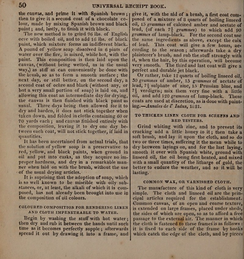 the canvas, and prime it with Spanish brown; then to give it a second coat of a chocolate co- lonr, made by mixing Spanish brown and black paint; and, lastly, to finish it with black. The new method is to grind 96 lbs. of English ocre with boiled oil, and to add 16 Ibs. of black paint, which mixture forms an indifferent black. A pound of yellow soap dissolved in 6 pints of water over the fire, is mixed, while hot, with the paint. This composition is then laid upon the canvas, (without being wetted, as in the usual way,) as stiff as can conveniently be done with the brush, so as to form a smooth surface; the next day, or still better, on the second day, a second coat of ochre and black (without any, or bat a very small portion of soap) is laid on, and allowing this coat an intermediate day for drying, the canvas is then finished with black paint as usual. Three days being then allowed for it to dry and harden, it does not stick together when taken down, and folded in cloths containing 60 or 70 yards each; and canvas finished entirely with the composition, leaving it to dry one day be- tween each coat, will not stick together, if laid in quantities, it has been ascertained from actual trials, that the solution of yellow soap is a preservative to red, yellow, and black paints, when ground in oil and put into casks, as they acquire no im- proper hardness, and dry in a remarkable man- ner when laid on with the brush, without the use ‘of the usual drying articles. It is suprising that the adoption of soap, which is so well known to be miscible with oily sub- stances, or, at least, the alkali of which it is com- posed, has not already been brought into use in the composition of oil colours. COLOURED COMPOSITION FOR RENDERING LINEN AND CLOTH IMPENETRABLE TO WATER. Begin by washing the stuff with hot water; then dry and rub it between the hands until such time as it becomes perfectly supple; afterwards spread it out by drawing it into a frame, and give it, with the aid of a brush, a first coat com - posed of a mixture of 8 quarts of boiling linseed — oil, 15 grammes of calcined amber and acetate of | lead, (of each 72 grammes) to which add 90 | grammes of lamp-black. For the second coat nse _ the same ingredients as above, except the caix of lead. This coat will give a few hours, ae- cording to the season; afterwards take a dry plaisterer’s brush, and rub the stuff strongly with it, when the hair, by this operation, will become. very smooth. ‘The third and last coat will give a perfect and durable jet black. Or rather, take 12 quarts of boiling linseed oil, 50 grammes of amber, 15 grammes of acetate of lead, 74 sulphate of zinc, 15 Prussian blue, and | 7% verdigris; mix them very fine with a little’ oil, and add 120 grammes of lamp-black. These coats are used at discretion, as is done with paint- ing.—Annales de l’ Indus, 1621. TO THICKEN LINEN CLOTH FOR SCREENS AND | BED TESTERS, Grind whiting with zinc, and to prevent its cracking add a little honey to it; then takea soft brush, and lay it upon the cloth, and so do two or three times, suffering it the mean while to dry between layings on, and for the last laying, smooth it over with Spanish white, ground with linseed oil, the oil being first heated, and mixed with a small quantity of the litharge of gold, the better to endure the weather, and so it will be lasting. COMMON WAX, OR VARNISHED CLOTH. The manufacture _of this kind of cloth is very simple. ‘The cloth and linseed oil are the prin- cipal articles required for the establishment. Common canvas, of an open and coarse texture, | is extended on large frames, placed under sheds, the sides of which are open, so as to afford a free passage to the external air. The manner in which the cloth is fastene these frames is as follows : it is fixed to each side of the frame by hooks! which catch the edge of the cloth, and by pieces