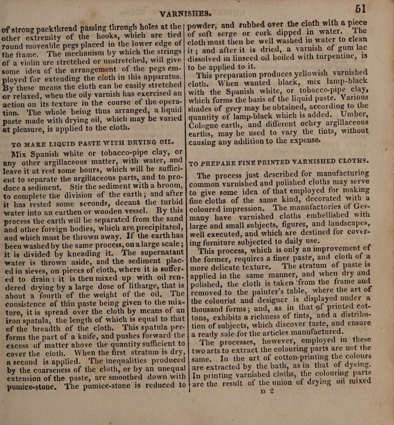 other extremity of the hooks, which are tied the frame. The mechanism by which the strings of a violin are stretched or unstretched, will give some idea of the arrangement of the pegs em- ie for extending the cloth in this apparatus. y these means the cloth can be easily stretched or relaxed, when the oily varnish has exercised an action on its texture in the course of the opera- tion. The whole being thus arranged, a liquid paste made with drying oil, which may be varied at pleasure, is applied to the cloth. TO MAKE LIQUID PASTE WITH DRYING OIL. Mix Spanish white or tobacco-pipe clay, or any other argillaceous matter, with water, and leave it at rest some hours, which will be suffici- ent to separate the argillaceous parts, and to pro- duceasediment. Stir the sediment with a broom, to complete the division of the earth; and after it has rested some seconds, decant the turbid water into an earthen or wooden vessel. By this process the earth will be separated from the sand and other foreign bodies, which are. precipitated, and which must be thrown away. If the earth has been washed by the same process, ona large scale; it is divided: by kneading it.. The supernatant water is thrown aside, and the sediment plac- ed in sieves, on pieces of cloth, where it is suffer- ed to drain: it is then mixed up with oil ren- dered drying by a large dose of litharge, that is about a fourth of the weight of the oil, The consistence of thin paste being given to the mix- ture, itis spread over the cloth by means of an iron spatula, the length of which is equal to that of the breadth of the cloth. This spatula per- forms the part of a knife, and pushes forward the excess of matter above the quantity sufficient to cover the cloth. When the first stratum is dry, asecond is applied. The inequalities produced by the coarseness of the cloth, or by an unequal extension of the paste, are smoothed down with pumice-stone. The pumice-stone is reduced to powder, and rubbed over the cloth with a piece of soft serge or cork dipped in water. The cloth must then be well washed in water to clean it; and after it is dried, a varnish of gum lac dissolved in linseed oil boiled with turpentine, is This preparation produces yellowish varnished cloth. When wanted black, mix lamp-black with the Spanish white, or tobacco-pipe clay, which forms the basis of the liquid paste. Various shades of grey may be obtained, according to the quantity of lamp-black which is added. Umber, Cologne earth, and different ochry argillaceous earths, may be used to vary the tints, without causing any addition to the expense, TO PREPARE FINE PRINTED VARNISHED CLOTHS. The process just described for manufacturing common varnished and polished cloths may serve to give some idea of that employed for making fine cloths of the same kind, decorated with a coloured impression. The manufactories of Ger- many have varnished cloths embellished with large and small subjects, figures, and landscapes, well executed, and which are destined for cover- ing furniture subjected to daily use. This process, which is only an improvement of! the former, requires a finer paste, and cloth of a more delicate texture. The stratum of paste is applied in the same manner, and when dry and polished, the cloth is taken ‘from the frame and removed to the painter’s table, where the art of the colourist and designer is displayed under a thousand forms; and, as in that of printed cot- tons, exhibits a richness of tints, and a distribu- tion of subjects, which discover taste, and ensure a ready sale-for the articles manufactured. The processes, however, employed in these two arts to extract the colouring parts are not the same. In the art of cotton-printing the colours are extracted by the bath, asin that of dyeing. In printing varnished cloths, the colouring parts are the result of the union of drying oil mixed DZ SS