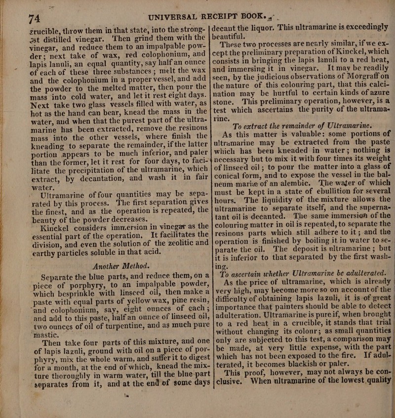 — frucible, throw them in that state, into the strong- st distilled vinegar. ‘Then grind them with the vinegar, and reduce them to an impalpable pow- der; next take of wax, red colophonium, and lapis lanuli, an equal quantity, say halfan ounce of each of these three substances ; melt the wax and the colophonium in a proper vessel, and add the powder to the melted matter, then pour the mass into cold water, and let it rest eight days. Next take two glass vessels filled with water, as hot as the hand can bear, knead the mass in the water, aud when that the purest part of the ultra- marine has been extracted, remove the resinous mass into the other vessels, where finish the kneading to separate the remainder, if the latter portion appears to be much inferior, and paler than the former, let it rest for four days, to faci- litate the precipitation of the ultramarine, which extract, by decantation, and wash it in fair water. Ultramarine of four quantities may be sepa- rated by this process. The first separation gives beauty of the powder decreases. Kinckel considers immersion in vinegar as the essential part of the operation, It facilitates the division, and even the solution of the zeolitic and earthy particles soluble in that acid. Another Method. Separate the blue parts, and reduce them, on a piece of porphyry, to an impalpable powder, paste with equal parts of yellow wax, pine resin, and add to this paste, half an ounce of linseed oil, two ounces of oil of turpentine, and as much pure Then take four parts of this mixture, and one of lapis lazuli, ground with oil on a piece of por- phyry, mix the whole warm, and suffer it to digest for a month, at the end of which, knead the mix- ture thoroughly in warm water, till the blue-part separates from it, and at the end of some days Ne These two processes are nearly similar, if we ex- It may be readily the nature of this colouring part, that this calci- test which ascertains the purity of the ultrama- rine. To extract the remainder of Ultramarine. As this matter is valuable: some portions of ultramarine may be extracted from the paste which has been kneaded in water; nothing is necessary but to mix it with four times its weight of linseed oil; to pour the matter into a glass of conical form, and to expose the vessel in the bal- neum marie of an alembic. 'The water of which must be kept in a state of ebullition for several hours. The liquidity of the mixture allows the ultramarine to separate itself, and the superna- tant oilis decanted. The same immersion” of the colouring matter in oil is repeated, to separate the resinous parts which still adhere to it; and the operation is finished by boiling it in water to se- parate the oil, The deposit is nltramarine ; but it is inferior to that separated by the first wash- ing. | To ascertain whether Ultramarine be adulterated. As the price of ultramarine, which is already | very high, may become more so on account of the | difficulty of obtaining lapis lazuli, it is of great | importance that painters should be able to detect adulteration. Ultramarine is pureif, when brought | to a red heat in a crucible, it stands that trial | without changing its colour; as small quairtities| only are subjected to this test, a comparison may be made, at very little expense, with the part which has not been exposed to the fire. If adul- terated, it becomes blackish or paler. La This proof, however, may not always be con-/ clusive. When ultramarine of the lowest quality, ———