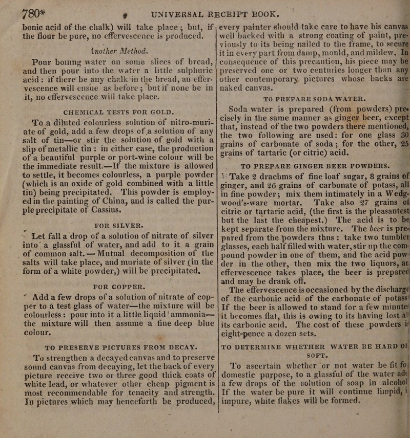 bonic acid of the chalk) will take place; but, if the flour be pure, no effervescence is produced. {nother Method. Pour boing water on some slices of bread, and then pour into the water a little sulphuric acid: if there be any chalk in the bread, an effer- vescence will ensue as before; butif none be in it, no effervescence will take place. CHEMICAL TESTS FOR GOLD. To a diluted colourless solution of nitro-muri- ate of gold, add a few drops of a solution of any salt of tin—or stir the solution of gold with a slip of metallic tin: in either case, the production of a beautiful purple or port-wine colour will be the immediate result.—If the mixture is allowed to settle, it becomes colourless, a purple powder (which is an oxide of gold combined with a little tin) being precipitated. This powder is employ- edin the painting of China, and is called the pur- ple precipitate of Cassius. FOR SILVER. Let fall a drop of a solution of nitrate of silver into a glassful of water, and add to it a grain _of common salt.— Mutual decomposition of the salts will take place, and muriate of silver (in the form of a white powder,) will be precipitated. FOR COPPER. * Adda few drops of a solation of nitrate of cop- per to a test glass of water—the mixture will be colourless: pour into it a little liquid 'ammonia— the mixture will then assume a fine deep blue colour, TO PRESERVE PICTURES FROM DECAY. To strengthen a decayed canvas and to preserve sound canvas from decaying, let the back of every picture receive two or three good thick coats of white lead, or whatever other cheap pigment is most recommendable for tenacity and strength. bi every painter should take care to have his canvas well backed with a strong coating of paint, pre- viously to its being nailed to the frame, to secur itin every part from damp, mould, and mildew, consequence of this precaution, his piece may be preserved one or two centuries longer than any other contemporary pictures whose backs a naked canvas. TO PREPARE SODA WATER. ‘ Soda water is prepared (from powders) pres cisely in the same manner as ginger beer, excep that, instead of the two powders there mentioned, the two following are used: for one glass * grains of carbonate of soda; for the other, 25 grains of tartaric (or citric) acid. bi = TO PREPARE GINGER BEER POWDERS. ‘' Take 2 drachms of fine loaf sugar, 8 grains of ginger, aud 26 grains of carbonate of potass, all in fine powder; mix them intimately in a Wedg- wood’s-ware mortar. Take also 27 grains of citric or tartaric acid, (the first is the pleasantest but the last the cheapest.) The acid is to be kept separate from the mixture. The beer is pres pared from the powders thus: take two tumbler glasses, each half filled with water, stir up the te! pound powder in one of them, and the acid pow: der in the other, then mix the two liquors, at effervescence takes place, the beer is prepar and may be drank off. b The effervescence is occasioned by the ae of the carbonic acid of the carbonate of potass’ If the beer is allowed to stand for a few minute? it becomes flat, this is owing to its having lost al its carbonic acid. The cost of these powders 1 eight-pence a dozen sets. ; TO DETERMINE WHETHER WATER BE HARD OF To ascertain whether or not water be fit fo} domestic purpose, to a glassful of the water a ~