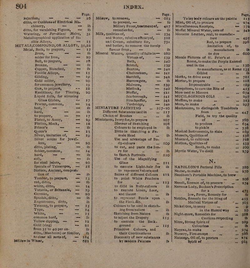 Page. Bojection, ~ — ane oo) ditto, or Cushionsof Electrical Ma- chinery, — — ib ditto, for varnishing Figures, — ib Watering, or Fer-—blanc Moire, 31 Metallographical application of fu- sible Alloys, — —_ 15 METALS,COMPOUND,OR ALLOYS, 31,22 ' ‘Metal, Bath, to prepare, — 17 Brass, — = al ib ie solder for Iron, ms BO Bell, to prepare, — 18 Bronze, — — ib Copper, Blanched, = ib Fusible Alloys, ° wert 25 Gilding, — — 19 Goid solder, — 20 for common jewellery, 19 Gun, to prepare, “= 8 Kustitiens, for Tinning, 20 Liquid foils, for silvering Glass Globes, me 17 Pewter, common, — 14 best, * — oe ib hard, — _ ib to prepare, _ oe a ae Plated, to Assay, = 20 Platina, Mock, — 18 Prince’s — ~ ib Queen’s — ery A Silver, imitation of, &lt;n Silver solder for Jewel- ters, — ce = ditto, plating, ts, aD Solder, common, mr | FG hard, — _ ib 44 soft, — — ib for steel joints, — 20 Specula of Telescopes, —~ 18 Statues, Ancient, com:pesi- tion of — oo ab ‘Tombac, to prepare, sere red, ditto, — ib white, ditto, bs nc ote Tutania, or pbbaciare — 9 German, — 20 Spanish, ditto, — ib Engestroom, ditto, ib Tutenag, to prepare, — &lt;5 . Type, Psi er ae ‘White, — = 1s common hard, — ib Yellow dipping, = omelet 3 Gold (ring) — 2i from 35 to 40 per oz: ib ditto,(Manheim) or Similor, ib * toclear all serts of, — 184 Mildew in Wheat, — 682 Page. Mildew, toremove, == 683 to prevent, — — ib Miliary Fever,troatmentof, 407 remedies for, re ib Milk, qualities of, _— since i. and Water, relative efficacyof, 528 and Cream, substitute for, 731 and butter, to remove the turnip flavour from, — ib Mineral Waters, quantity ofSaltsin— 280 Virtues of, =n 539) Bath, . — 540 Bristol, 539 Buxton, = 540 Cheitenham, — $41 Hartfell, — $42 Harrowgate, — ib Malvern, am 4539 Matlock, — 640 Moffat, — $2r Scarborough, — S41 Strathpeffer, — 542 Tunbridge, — 540 MINIATURE PAINTING ws 107-20 Different Substances used in Pama @ he f ' Choice of Brushes iss avs ib Miniatures, Ivory for, to prepare 107 ifanner of Sketching 108 Colours to be employad in ib Dittoin Sketching a Fe- mate Head on ib Use and advantage of Bo. dy-colours we 109 to cut, and paste the Ivo- ry for AS an ib to Sketch Portraits 110 Use of the Magnifying Glass we XII to execute Light-hair for ib to represent Velvets and Satins of different Colours x12 to . paint White Feathere for w FIZ to Gild in Bedyecetouts id to execute Linen, Lace, and Gauze oss ib to. represent Pearls upon ~'. the Flesh. &amp;c._ ib Colours to he used in sketch- ing fromnature ib Sketching from Nature _ ib to adjust the Drapery Ils to execute - the Back- ground one we IIS Primitive Colours, and their Combinations ib Discovery of new substances ; by modern Painters ib ‘ Pagés ‘To lay body colours en the palette 11g Mint, Oil of, to procure we 274 Miscellaneous Receipts, —~ = i776 Moffat Mineral Water, uses of ae 543 tea Leather, real, to manufac= ture we 405 Red, to prepare 596 Imitation of, to manufacture ib to dye we 600 Mosaic Pictures of St. Peter’s at Rome, tomake the Purple Enamel used in the ase w 130 to manufacture, as at Rome 135 Gilded ae ae ib Moths, to drive away ow 781 Mortar, to prepare we aw I88 Impénetrable we =189 Mosquitoes, to cure the Bite of 453 Moss used as Manure Wd Janel OFae MUCILAGINOUS OILS ie 207 Muffins, to make eee jew 323 Mum, to make of we 207 Mushrooms, to distinguish Toadstools from ove oe 447 Field, to try the quality of ev Zils 56 to produce as O34 to pickle ow 33G Musical Instruments, to stain owe 169 Mussels, Qualities of wo 536 Mustard, to cultivate ane) 7am Mutton, Qualities of ww 533° Broth, to make ad S08 Myrtle Water, ‘To distil eo 279 N. NAPOLEON'S Pectoral Pills « 380 Nectar, to make ow» 270 Needham’s Portable Machine; to brew i by ese ve - 206 Neroli, Essence of, to procure * we 274 Nervous Lady, Buchan’s Prescription for a Be we | low, Fever, Remedy for Nettles, Remedy for the Sting of 453 Medical Virtues of * we ~ 503 Nickel Ore, to assay ase ow 9 inthe Humidway .. 10 Night-mare, Remedies for « 388 . Cautions respecting ib Nitre, Strong Spirit of ‘se 289 Colourless nat wo = ib Noyeau, to make be o 274 Nursery, Fire-escape ne we 566 Nutmegs, Oil of, to procure ow 274 Spirit of oe 924