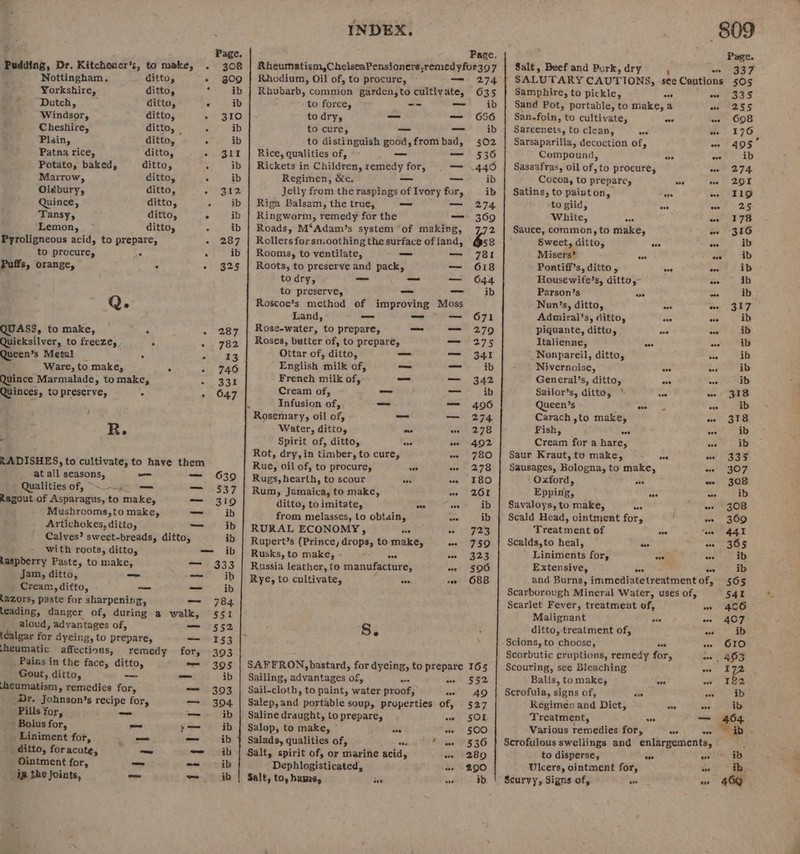 Pudding, Dr, Kitchener’s, to make, . 308 Nottingham. ditto, » gO9 Yorkshire, ditto, 4 ib Dutch, ditto, ° ib Windsor, ditto, + 310 Cheshire, ditto, | . ib Plain, ditto, . ib Patna rice, ditto, .. SII Potato, baked, ditto, : ib Marrow, ditto, c ib Oldbury, ditto, Pete G3 Quince, ditto, tee EB: Tansy, ditto, . ib Lemon, ditto, . ib Pyroligneous acid, to prepare, «| 287 to procure, . . ib Puffs, orange, : 34325 Q. QUASS, to make, 3 : =. 287. Quicksilver, to freeze, . + . 782 Queen’s Metal . das FB Ware, to make, . - 740 Quince Marmalade, to make, os $32 Quinces, to preserve, ° &gt; 647 R. RADISHES, to cultivate, to have them at all seasons, — — 6390 Qualities of, ~~. = man! 537 Razout of Asparagus, to make, — 310 Mushrooms,to make, — ib Artichokes, ditto, — ib Calves? sweet-breads, ditto, ib with roots, ditto, — ib laspberry Paste, to make, — ~~ 333 jam, ditto, _ ~~ ib Cream, ditto, — —~ ib tazors, paste for sharpening, — 784] teading, danger of, during a walk, §51 aloud, ativantages of; =— 552 .éalgar for dyeing, to prepare, — 153 -heumatic affections, remedy for, »303 Pains in the face, ditto, = 305 Gout, ditto, —_ =_ ib -heumatism, remedies for, — 303 Dr. Johnson’s recipe for, — 304 Pills for, ~ — ib - Bolus for, _~ ¥— ~=0 ib Liniment for, — — ib ditto, foracute, — — ib. Ointment for, — — ib fa the joints, ore = ib Ie INDEX. Rhodium, Oil of, to procure, _ Rhubarb, common garden, to cultivate, : to force, -- _ to dry, _ — to cure, _— om to distinguish good, from bad, Rice, qualities of, _— reas Rickets in Children, remedy for, _ Regimen, &amp;c. — _ Jelly from the raspings of Ivory fur, Riga Balsam, the true, cod — Ringworm, remedy for the _ Roads, M‘Adam’s system ‘of making, Rollers for smoothing the surface of land, Rooms, to ventilate, —_ —_ Roots, to preserve and pack, — to dry, on — roe to preserve, — — Roscoe’s method of improving Moss Land, —— - — Rose-water, to prepare, = oe Roses, butter of, to prepare, —— Ottar of, ditto, — — English milk of, _ — French milk of, _ — Cream of, —_ ara Infusion of, — — Rosemary, oil of, aot Ser Water, ditto, ne oe Spirit of, ditto, one oe Rot, dry, in timber, to cure, ove Rue, oil of, to procure, a0 oe Rugs, hearth, to scour ous tos Rum, Jatnaica, to make, AF ditto, to imitate, on aoe from melasses, to obtain, ice RURAL ECONOMY, ae te Rupert’s (Prince, drops, to make, ove Rusks, to make, oe eee Russia leather, to manufacture, on Rye, to cultivate, ao roe S. SAFFRON, bastard, for dyeing, to prepare Sailing, advantages of, ban aoe Sail-cloth, to paint, water proof; see Salep, and portable soup, properties of, Saline draught, to prepare, one Salop, to make, ~ ove oss Salads, qualities of, aon ee Pgh Salt, spirit of, or marine acid, ate Dephlogisticated, ae Salt, to, hams, dun ave 274 635 ib 656 ib 502 536 ib ib 274 369 472 bse 781 618 644 ib 671 279 275 341 ib 342 ib 496 274 278 402 780 278 180 261 ib ib 723 759 323 596 688 165 552 49 527 501 500 536 280 290 ib 809 Page. Salt, Beef and Pork, dry ’ Pres kid SALUTARY CAUTIONS, see Cautions 505 Samphire, to pickle, a we 335 Sand Pot, portable, to make, 4 we §=255 San-foin, to cultivate, a «- 608 Sarcenets, to clean, oe » 170 Sarsaparilla, decoction of, rags Compound, oo we ib Sassafras, oil of, to procure, oe 274 Cocoa, to pr eparts wy we 201 Satins, to painton, 3 ws I1Q9 to gild, uk ese 25 White, ai Lis yo Sauce, common, to make, ow» 316 Sweet, ditto, os eee ib Misers? en ove ib Pontiff’s, ditto , a one ib Housewife’s, ditto,~ ave ib Parson’s we ose ib Nun’s, ditto, ans we 317 Admirai’s, ditto, a ess ib piquante, ditto, ona cap ib Italienne, ove wet MIB _Nonpareil, ditto, uc, ib Nivernoise, we we ib General’s, ditto, ne Ra ib Sailor’s, ditto, ' con ow 318 Queen’s mate's one ib Carach,to make, ow 318 Fish, ees : ace ib Cream for a hare, ose ib Saur Kraut, to make, ove ow 335 Sausages, Bologna, to make, owe 307 Oxford, sie o 308 Epping, ove ons ib Savaloys, to make, ts ws 308 Scald Head, ointment for, ‘ oe 20D Treatment of oe “0 44.1 Scalds,to heal, ie oe 365 Liniments for, os ae ib Extensive, ave on ib and Burns, immediatetreatmentof, 565 Scarborough Mineral Water, uses of, 541 Scarlet Fever, treatment of, o»» 466 Malignant aw o» 407 ditto, treatment of, aw ib Scions, fo choose, ove «» GIO Scorbutic eruptions, remedy for, o- 403 Scouring, see Bleaching on te Balls, to make, oe ow 82 Scrofula, signs of, a ve ib Regimen and Diet, ay tee ib Treatment, ove — n04 Various remedies for, a ae | Scrofulous swellings and enlargements, ; to disperse, in «e ib Ulcers, ointment for, hs ih Scurvy, Signs of, ase ew 469