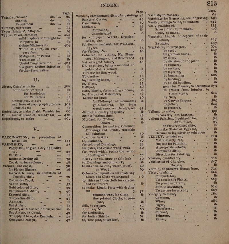 Futania, German dO. ws Spanish dO. we Engestroom 0s) ste Tutenag, toprepare as ave Types, Printers’, Alloy for as ‘Typhus Fever, common es mild diaphoretic Draught for Purgative in eve Opiate Mixtures for ave Tonic Mixture, on reco- very from ove ve Malignant, or Putrid eve. Treatment of ave Useful Purgatives for ans To guard against Infection further Preservative ae U. Ulcers, Cataplasms for oss oe Lotions for Scorbutic aK for Scrofulous este for Cancerous aes Contagious, to cure aye and Sores of poor people, to cure Poultices for bow ane Umbrellas, to make pliable Varnish for Urine, incontinence of, remedy for ... Usquebaugh, to make ne ee Vv. VACCINATION, or prevention of Small Pox _— —_ ‘VARNISHES, _ — Poppy Oil, to give a drying quality = to; _ — _ Fat Oils _ _ Resinous Drying Oil — Copal, various colours, | Varnish, Fat Copal, = ‘c= for Plaster Figures for Watch cases, in imitation of = — Tortoise-shell (ne —— Colourless Copal, - - White ditto, = = Gold coloured ditto, - - Camphorated ditto, &lt;- &gt; Ethereal ditto, _ - - Turpentine ditto, - = Another, - - Fat Amber, - - Amber, with essence of Turpentine Fat Amber, or Copal, - Toapply it to opake Enamels, — Compound Mastie, o - INDEX. Page. Varnish, Chacha penied aie fp for paintings 42 Painters’ Cream, - 43 Caoutchouc, - = $9 Sandarac, - - 43 Compound, - - ib. . Camphorated - - ib for cut paper Works, Dressing- Boxes, &amp;c. - - ib Spirituous Sandarac, for Wainscot- ing, 6c. - &gt; 44 for Violins, &amp;c. 50 Coloured, for Violins, ‘Ke, Wen. } tree, Mahogany, and Rose-wood 44 Fat, of a gold colour, mi a aF Do. or golden, being a mordant to gold and dark colours - ib Turners’ for Box-wood, Ais AD Turpentine ~ - - 56 to, Dressing Boxes, - - 46 to, Glass, - - 57 Gallipot, - - 46 ditto, Mastic, for grinding colours, ib to, Harps and Dulcimers, - 56 Lacker for brass - 2 46 for Philosophicalinstruments ib gold-coloured, for brass wateh-cases, watch-keys, &amp;c. 47 ditto of a less drying quality - ib ditto of various tints =» 48 Mordant, for Gilding - 7 te |) Others © =) ID Composition for making Coloured Drawings and Prints, resemble Oil paintings ce - 49 to colour baskets - a 3D to, Balloons, i reso for coloured Drawings, SPS A: for pales, and coarse wood work 49 for wood which resists the action _ of boiling water . : 55 Black, for old straw or chip hats 49 to, Drawings and card work, « .ib to make Sail-cloth, water-proof, 49 on Wood, % OO Coloured composition for rendering Linen and Cloth water-proof -. 50 . to thicken Linen cloth for skreens — and Bed testers ib to make Liquid Paste with “arying: : Oil . a common wax, for Cloth i ib fine printed Cloths, to pre- pare, . . ib Silk, to prepare, 7 52 for Siiks, &amp;c. ‘ Pili se) for Umbrellas, . + ib for Indian Shields = oy OF to, like gold, silver leaf, ¢ se AD Page. Varnish, to recover, + .62 Varnishes for Engraving, see Engraving, 140 Vaults, Foreign Wine, to manage ° 249 Veal, qualities of, . S33 Savory dish of, to makes - 306 Cake, to make, ib Vegetable Liquids, to deprive’ of their colour, . ¢ 287 Extracts, . °, 405 Vegetables, to propagate, ; - 604 by seed, ° - 605 by germs or bulbs, . ib by slips, . ib by division of the plant . ib by runners, ° . ib by suckers, ° . ib by layering, s a. i by innarching . 606 by budding, a « ib by shield-budding, . ib straw vOopes, F 614 by Nets, “ . ib by Canvas Skreens, ~ - 589 : to gather, P - 644 : to preserve, i ab Vellum, to make, é - 50990 to convert, into Leather, Sab Vellum Painting, liquid gold for, Panne). ditto Silver, oe | OS to restore rusted ditto, ‘2 ib. to make Glaire of Eggs for, ; ib Ground to lay silver or gold upon ib VELVET, to paint on, ’ &gt; 1s Materials required, e eeu ate Subjects for Painting, . - id Appropriate colours, . ib Compound ditto, aM : ib Directions for Painting, . he Venison, qualities of, Aa . oS 5R Ventilation of Churches, ‘ »- 547 Houses, . eae Vermin, to preserve Houses from, « 735 Vines, to plant, . » 622 Composts for, : a 3) SB To choose the Plants, : - 623 ‘Fo prune and train, . . ib ditto to advantage, . « ‘624 To destroy insects on, ° « 625 Vinegar, to make, . +» 284 Common, . ° ib Wine, 2 . ass Sugar, j . Fs ib Gooseberry, . . ib Currant, é ‘ ib Primrose, . - db Raisin, ’ a) 8 green for Manure, to decompose673 to protect from injuries, by