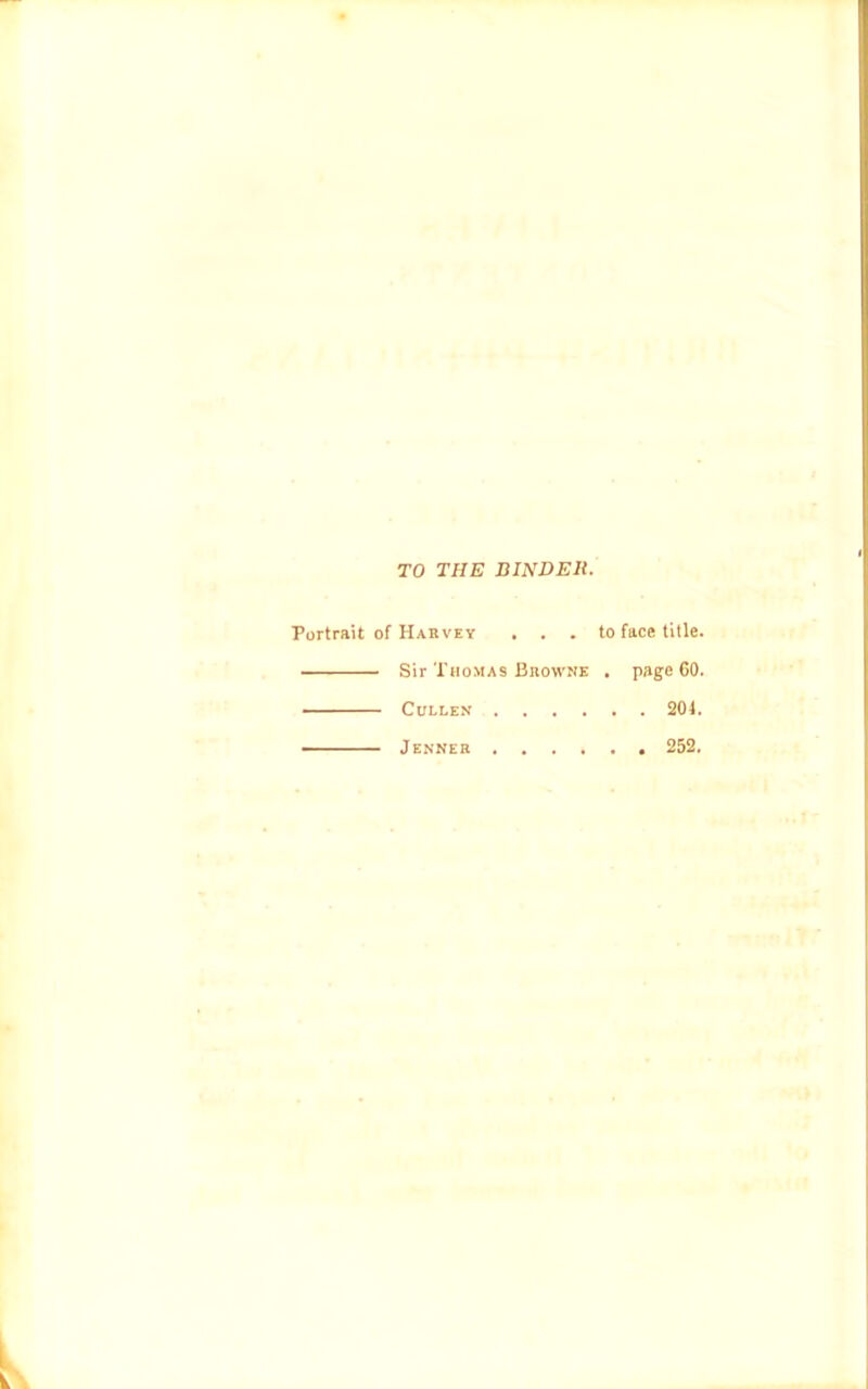 TO THE BINDER. Portrait of Harvey . . . Sir Thomas Browne Cullen . . . Jenner . . . . to face title. . page 60. . . 204. . . 252.