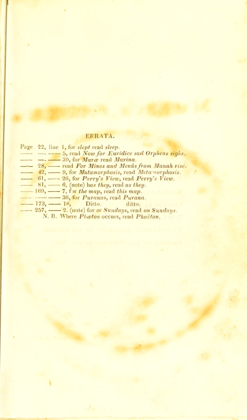 ERRATA. Page 2-2, line ], for slept read sleep. — 5, read Now for Euridice sad Orpheus sighs. 30, for Mara; read Marina. —-— 28, read For Minos and Mentis from Man ah rise. 42, 9, for M&tamorphosis, read Meta'uorphosis. 61, 26, for Parry's View, read Perry's View. 81, 6, (note) has they, read as they. 169, 7, f >r the map, read this map. 36, for Paranas, read Parana. 173, 18, Ditto. ditto. 257, 2, (note) for or Sundays, read on Sundays. N. B. Where Pha;1on occurs, read Phaeton.