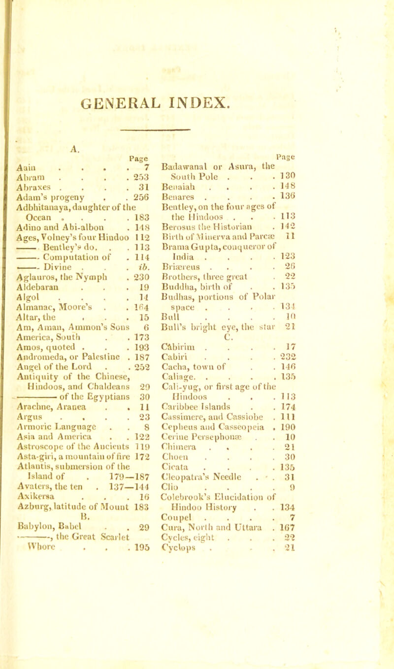 A. Page Aain . 7 Abram . 253 Abraxes . . . . 31 Adam’s progeny 256 Adbhitanaya, daughter of the Ocean .... 183 Adino and Abi-albon 148 Ages, Volney’s four Hindoo 112 Bentley’s do. 113 Computation of 114 —- Divine ib. Aglauros, the Nymph 230 Aldebaran 19 Algol . . . . 14 Almanac, Moore’s 164 Altar, the . 15 Am, A man, Ammon’s Sons 6 America, South Amos, quoted . 173 193 Andromeda, or Palestine . 187 Angel of the Lord Antiquity of the Chinese, 252 Hindoos, and Chaldeans 29 of the Egyptians 30 Arachne, Aranea . . 11 Argus . 23 Armoric Language 8 Asia and America 122 Astroscope of the Ancients 119 Asta-giri, a mountain office Atlantis, submersion of the 172 Island of . 179 — -187 Avalers, the ten . 137— -144 Axikersa 16 Azburg, latitude of Mouut 183 B. Babylon, Babel 29 , the Great Scarlet Whore 195 Page Badawanal or Asura, the South Pole . . .130 Benaiah .... 148 Benares . . . .130 Bentley, on the four ages of the Hindoos . . .113 Berosus the Historian . 142 Birth of M iuerva and Pare a: 11 Brama Gu pta, conqueror of India .... 123 Briaereus . . . .26 Brothers, three great . 22 Buddha, birth of . . 135 Budhas, portions of Polar space .... 13-1 Bull . . . .10 Bull’s bright eye, the star 21 C. C&birim . . . .17 Cabiri .... 232 Cacha, town of . . 146 Caliage. .... 135 Cali-yug, or first age of the Hindoos . . .113 Caribbee Islands . . 174 Cassimere, and Cassiobe .111 Cepheus and C'asseopeia . 190 Ceriue Persephouae . 10 Chimera . . . .21 Choen . . . .30 Cieata . . .135 Cleopatra’s Needle . - . 31 Clio .... 9 Colebrook’s Elucidation of Hindoo History . . 134 Cou pel .... 7 Cura, North and Uttara . 167 Cycles, eight . . .22 Cyclops . . .21