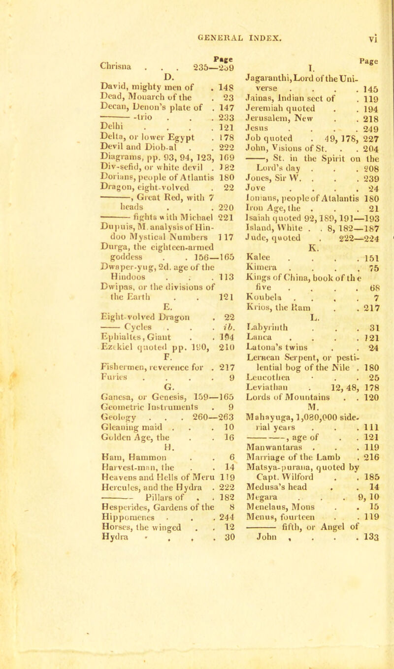 Chrisna D. Page 235—239 I. Page David, mighty men of . 14S Dead, Mouarch of the . 23 Decan, Denon’s plate of . 147 • -trio . . . 233 Delhi . . . .121 Delta, or lower Egypt . 178 Devil and Diob-al . . 222 Diagrams, pp. 93, 94, 123, 1G9 Div-sefid, or white devil . J82 Dorians, people of Atlantis 180 Dragon, eight-volved . 22 , Great Red, with 7 heads . . . 220 fights with Michael 221 Dupuis, M. analysisof Hin- doo Mystical Numbers 1 17 Durga, the eighteen-armed goddess . . 156—165 Dwaper-yug, 2d. age of the Hindoos . . .113 Dwipas, or the divisions of the Earth . . 121 E. Eight-volved Dragon , 22 Cycles . . . ib. Ephiallts, Giant . . 184 Eztkiel quoted pp. 190, 210 F. Fishermen, reverence for . 217 Furies .... 9 G. Ganesa, or Genesis, 159—165 Geometric Instruments . 9 Geology . . . 260—263 Gleaniug maid . . .10 Golden Age, the . . 16 H. Ham, Hammon . . 6 Harvest-man, the . . 14 Heavens and Hells of Meru 119 Hercules, and the Hydra . 222 Pillars of . .182 Hesperides, Gardens of the 8 Hippomenes • . . 244 Horses, the winged . . 12 Hydra - . , .30 Jagaranthi.Lord of theUni- verse . . . .145 Jainas, Indian sect of . 119 Jeremiah quoted . . 194 Jerusalem, New . . 218 Jesus .... 249 Job quoted . 49, 178, 227 John, Visions of St. . .204 , St. in the Spirit on the Lord’s day . . . 208 Jones, Sir W. . . . 239 Jove . . . .24 lonians, peopleof Atalantis 180 Iron Age, the . . .21 Isaiah quoted 92,189,191—193 Island, White . . 8, 182—187 Jude, quoted . 222—224 K. Kalee . . . .151 Kimera . . . .75 Kings of China, hook of th e five . . . 68 Koubela . , .7 Krios, the Ram . . 217 L. Labyrinth . . .31 Lanca . . . .121 Latona’s twins . . 24 Lernean Serpent, or pesti- lential bog of the Nile . 180 Leueothea • . .25 Leviathan . 12,48, 178 Lords of Mountains . . 120 M. Mahayuga, 1,080,000 side- rial years . . .111 , age of . . 121 Manwantaras . . .119 Marriage of the Lamb . 216 Matsya-puraua, quoted by Capt. Wilford . . 185 Medusa’s head . . 14 Megara . . . 9, 10 Menelaus, Mons . . 15 Menus, fourteen . .119 fifth, or Angel of John , . . . 133 John