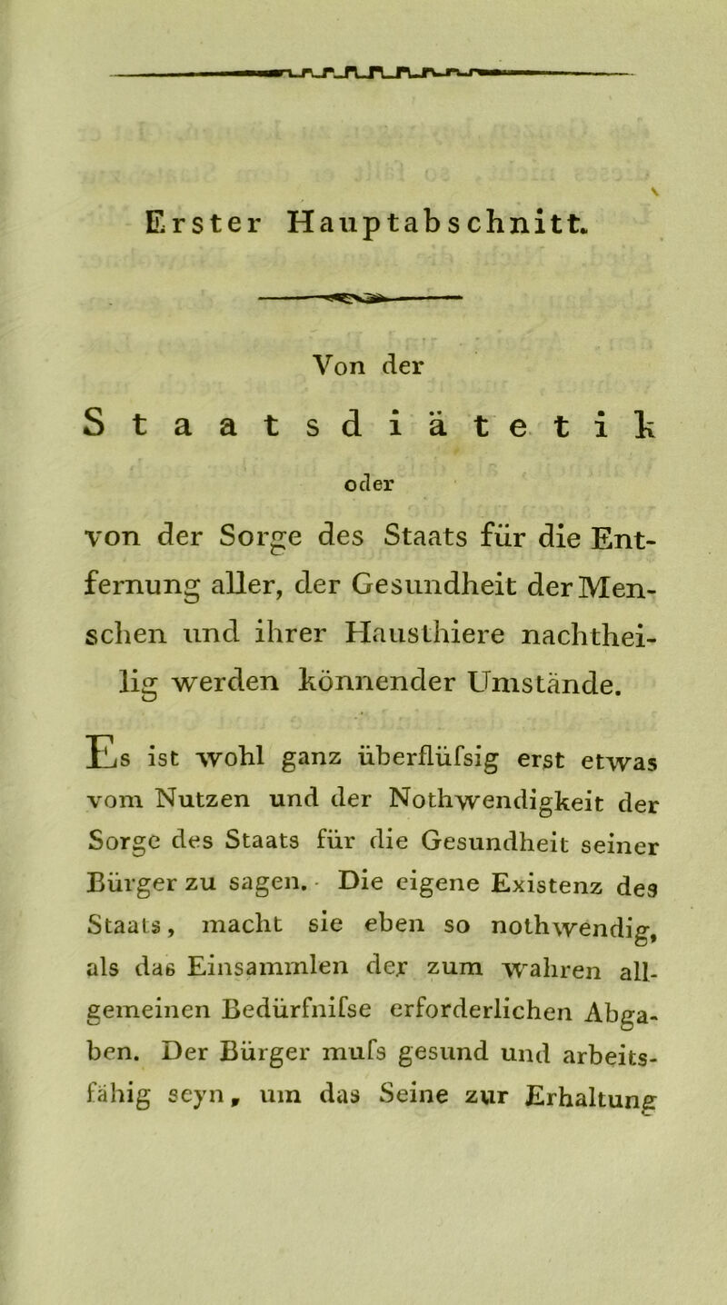 \ Von der Staatsdiätetih oder von der Sorge des Staats für die Ent- fernung aller, der Gesundheit der Men- schen und ihrer Hausthiere nachthei- lig werden könnender Umstände. Es ist wohl ganz überflüfsig erst etwas vom Nutzen und der Nothwendigkeit der Sorge des Staats fiir die Gesundheit seiner Bürger zu sagen. Die eigene Existenz des Staats, macht sie eben so nothwendig, als das Einsammlen de.r zum wahren all- gemeinen Bedürfnifse erforderlichen Abga- ben. Der Bürger mufs gesund und arbeits- fähig seyn, um das Seine zur Erhaltung