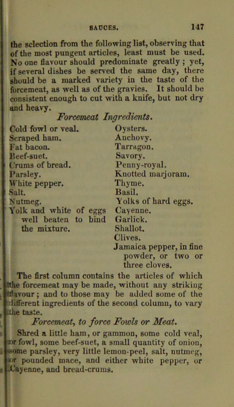 the selection from the following list, observing that of the most pungent articles, least must be used. No one flavour should predominate greatly ; yet, if several dishes be served the same day, there should be a marked variety in the taste of the forcemeat, as well as of the gravies. It should be consistent enough to cut with a knife, but not dry and heavy. Forcemeat Ingredients. Cold fowl or veal. Scraped ham. Fat bacon. Beef-suet. Crums of bread. Parsley. M'hite pepper. Salt. Nutmeg. Yolk and white of eggs well beaten to bind the mixture. Oysters. Anchovy. Tarragon. Savory. Penny-royal. Knotted marjoram. Thyme. Basil. Yolks of hard eggs. Cayenne. Garlick. Shallot. Clives. Jamaica pepper, in fine powder, or two or three cloves. The first column contains the articles of which Ithe forcemeat may be made, without any striking Iflavour; and to those may be added some of the ■rlifierent ingredients of the second column, to vary uhe taste. Forcemeat, to force Fowls or Meat. Shred a little ham, or gammon, some cold veal, «r»r fowl, some beef-suet, a small quantity of onion, •^e parsley, very little lemon-peel, salt, nutmeg, •or pounded mace, and either white pepper, or X'ayenne, and bread-crums.