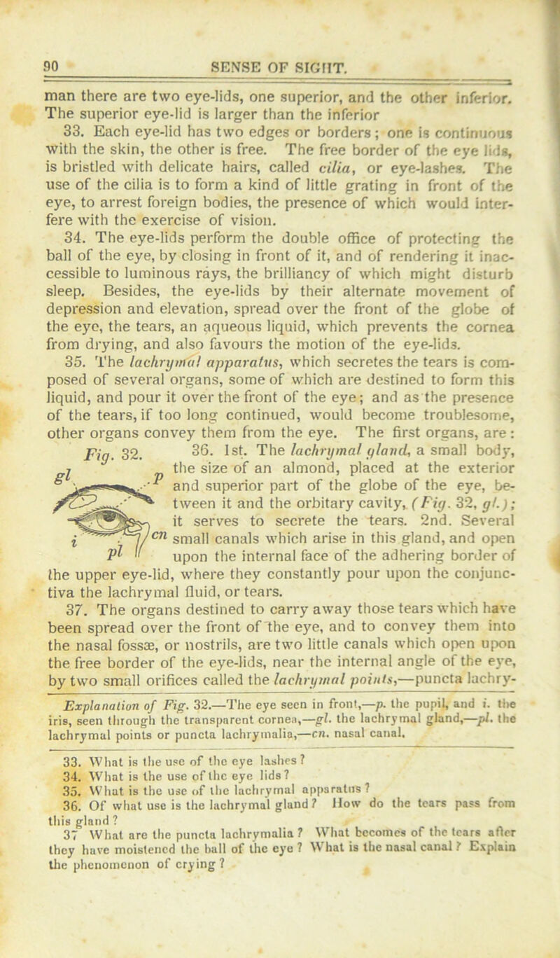 man there are two eye-lids, one superior, and the other inferior. The superior eye-lid is larger than the inferior 33. Each eye-lid has two edges or borders ; one is continuous with the skin, the other is free. The free border of the eye lids, is bristled with delicate hairs, called cilia, or eye-lashe.s. The use of the cilia is to form a kind of little grating in front of the eye, to arrest foreign bodies, the presence of which would inter- fere with the exercise of vision. 34. The eye-lids perform the double office of protecting the ball of the eye, by closing in front of it, and of rendering it inac- cessible to luminous rays, the brilliancy of which might disturb sleep. Besides, the eye-lids by their alternate movement of depression and elevation, spread over the front of the globe of the eye, the tears, an aqueous liquid, which prevents the cornea from drying, and also favours the motion of the eye-lids. 35. The lachrymal apparatus, which secretes the tears is com- posed of several organs, some of which are destined to form this liquid, and pour it over the front of the eye; and as the presence of the tears, if too long continued, would become troublesome, other organs convey them from the eye. The first organs, are : Fia. 32. The lachrymal ylaiid, a sma]] bod3% 7 the size of an almond, placed at the exterior ° and superior part of the globe of the eye, be- tween it and the orbitary cavity, (Fig. 32, gl.); it serves to secrete the tears. 2nd. Several small canals which arise in this gland, and open  upon the internal face of the adhering border of the upper eye-lid, where they constantly pour upon the conjunc- tiva the lachrymal fluid, or tears. 37. The organs destined to carry away those tears which have been spread over the front of the eye, and to convey them into the nasal fossae, or nostrils, are two little canals which open upon the free border of the eye-lids, near the internal angle of the eye, by two small orifices called the lachrymal points,—puncta lachry- Explanalion of Fig. 32.—Tlie eye seen in front,—p. the pupil, and ». tl>e iris, seen through the transparent cornea,—gl. the lachrymal gland,—pi. the lachrymal points or puncta lachryinalia,—cn. nasal canal. 33. What is the use of the eye lashes ? 34. What is the use of the eye lids ? 35. What is the use of the lachrymal apparatus? 36. Of what use is the lachrymal gland? How do the tears pass from this gland ? 37 What are the puncta lachrymalia ? What becomes of the tears after they have moistened the ball of the eye ? What is the nasal canal ? Explain tile phenomenon of crying?