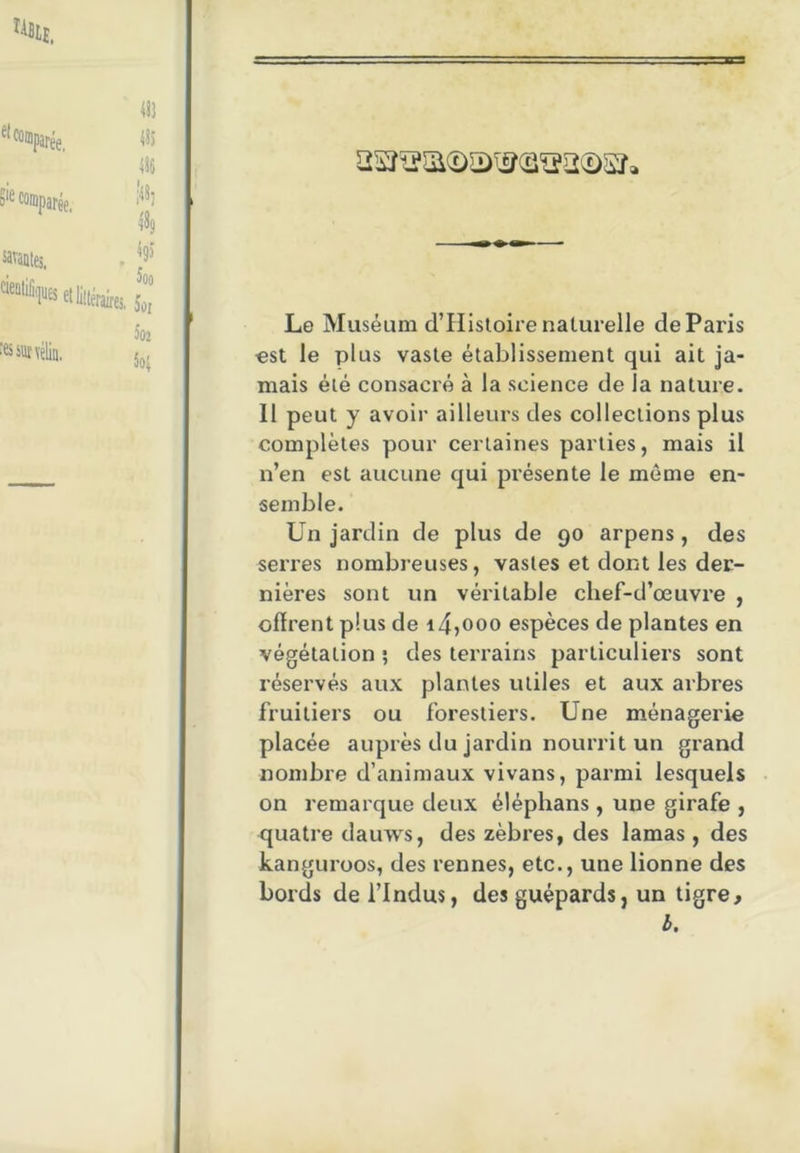 aSïS[îi(Dai!?(ii^2(£)SÎ, Le Muséum d’Hisloire naturelle de Paris est le plus vaste établissement qui ait ja- mais été consacré à la science de la nature. Il peut y avoir ailleurs des collections plus complètes pour certaines parties, mais il n’en est aucune qui présente le môme en- semble. Un jardin de plus de 90 arpens, des serres nombreuses, vastes et dont les der- nières sont un véritable chef-d’œuvre , offrent plus de i4,ooo espèces de plantes en végétation ; des terrains particuliers sont l’éservés aux plantes utiles et aux arbres fruitiers ou forestiers. Une ménagerie placée auprès du jardin nourrit un grand nombre d’animaux vivans, parmi lesquels on remarque deux éléphans , une girafe , quatre dauws, des zèbres, des lamas , des kanguroos, des rennes, etc., une lionne des bords del’Indus, des guépards, un tigre, b.
