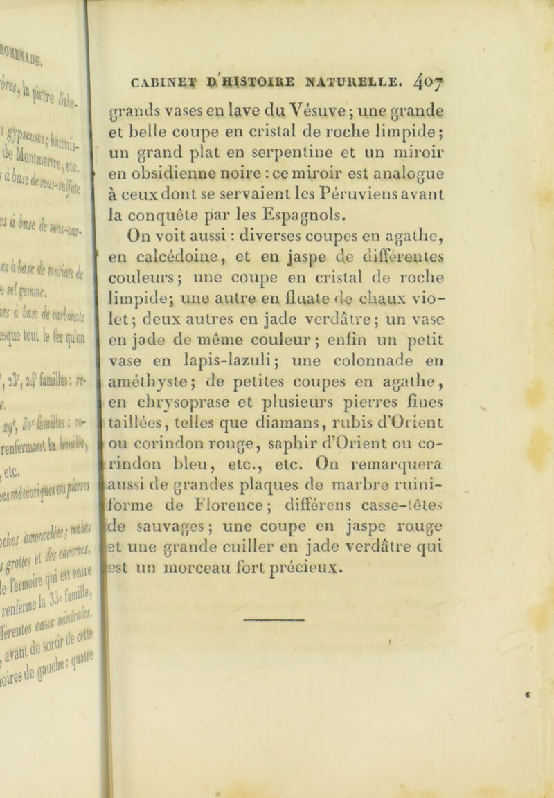 Jes '**''*’ ijefteîW ’ditf CABINE1? ^'H^STOIEE NATURELLE. 4<^J grands vases en lave du Vésuve -, une grande et belle coupe en cristal de roche limpide; un grand plat en serpentine et un miroir en obsidienne noire : ce miroir est analogue à ceux dont se servaient les Péruviens avant la conquête par les Espagnols. On voit aussi : diverses coupes en agathe, en calcédoine, et en jaspe de différentes couleurs ; une coupe en cristal de roche limpide; une autre en fluate de chaux vio- let; deux autres en jade verdâtre; un vase en jade de môme couleur ; enfin un petit vase en lapis-lazuli ; une colonnade en améthyste; de petites coupes en agathe, en chrysoprase et plusieurs pierres fines taillées, telles que diamans, rubis d’Orient ou corindon rouge, saphir d’Orient ou co- rindon bleu, etc., etc. On remarquera aussi de grandes plaques de marbre ruini- f’orme de Florence ; différons casse-têtes de sauvages ; une coupe en jaspe rouge et une grande cuiller en jade verdâtre qui est un morceau fort précieux.