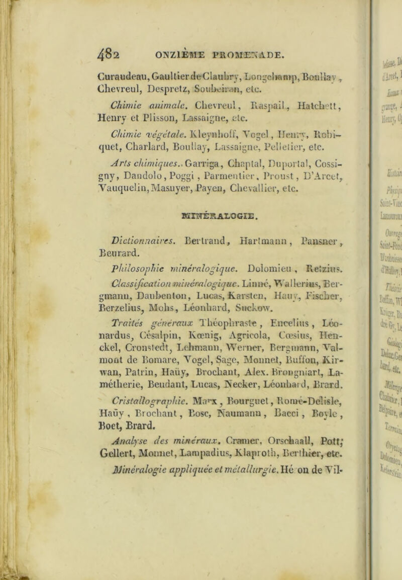 Curaudeau,GaullierdeClaubrv, Lon^'cli«n»p, BotiUav, Chevreul, Desprelz, SouLh;iiini, etc. Chimie animale. Cbevreiil, Rasjiail, Hatchett, Henry et Plisson, Lassaigne, etc. Chimie tégètale. Kleynlioff, Yogel, Ilobi- quet, Charlurd, Boullay, Lussaigue, Pellelier, etc. .^rts chimiques..Gavr'i^a, Chaptal, nuporlal, Cossi- gny, Dandolü, Poggi , Parmentier. Proust, D’Arcel, A'auquelin,Masuyer, PaycD, Ciievallier, etc. BinrÉRAtOGii:. Dictionnaires. Bertrand, Hartmann, Pausncr, Beurard. philosophie minéralogique. Dolomieu , Retzins. Classification minéralogique. Liimc, Walleims, Ber- gmanu, Daubenton, Lucas, Karsten, Haiiy, Fischer, Berzelius, Mohs, Léonbard, Suckow. Traités généraux Théophraste, Encelins, L60- nardus, (icsalpiu, Kœnig, Agricola, Cœsius, Hen- ckel, Cronsledt, Lehmaun, Werircr, Bcrgmann, Val- moat de Bomare, Yogel, Sage, Monnet, Bufl'on, Ivir- wan, Patrin, Haüy, Brochant, Alex. H7'oiigniart, Xa- mctherie, Beudant, Lucas, Necker, Léonbard, Brard. Cristallographie. M-ttî, Bourguel, Romé-Delisle, Haûy , Brochant, Bosc, Naumanu, Bacci, Boylc , Boet, Brard. Analyse des minéraux. Cramer, Orsohaall, Pott,* Gellerl, Monnet, Lampadius, Rlaprolh, BcTlluer,«tc. iJincralogie appliquée et métallurgie. Hé on de Yil-