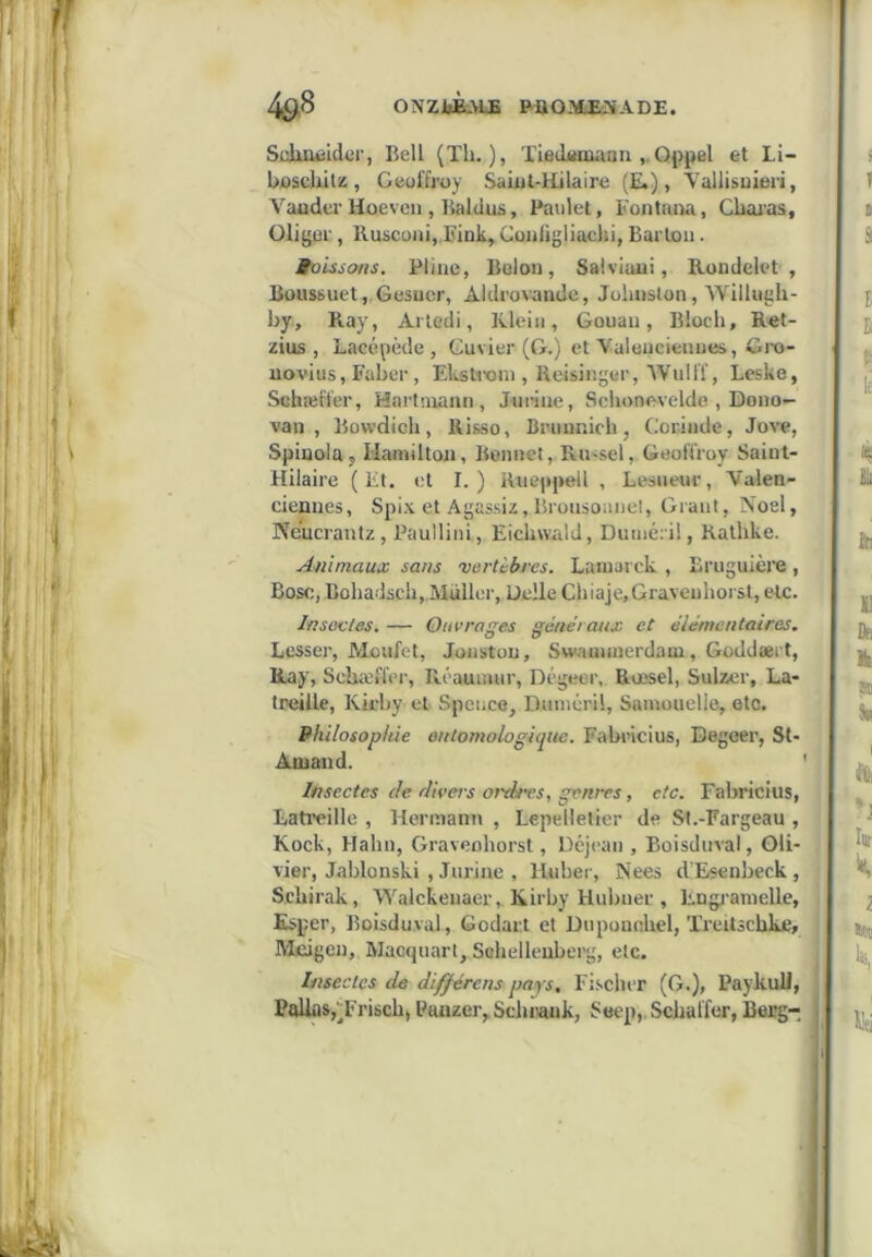 4&S ONZliÈiMB PüOiyùECfADE. SdiHéider, Bell (Th.), XieiLumaan Oppel et Li- hüschilz , Geoffroy Saiul-Hilaire (E.), Vallisnieri, Vaoder Hoeven , Baldus, Paulet, Fontana, Cbaias, Oligor, lluscüiiii.Fink, Coiifigliachi, Barton. tvlssons. Pline, Bolon, Salviaui, Rondelet, Boussuet, Gesucr, Aldrovande, Johnston, Williigh- by, R.ay, Ailedi, Klein, Gouan, Bloch, Ret- zius , Lacépède , Guvier (G.) et Valenciennes, Gi-o- uovius, Faher, Ekstixjni, Reisinger,‘Wulff, Leske, Schæfler, Hartmann, Jurine, Schonevelde , Dono- van , Bowdich, Risso, Brnunich, Corinde, Jo\’e, Spinola, Hamilton, Bonnet, RU'Sel, Geoffroy Saint- Hilaire ( Ft. et I.) Rneppell , Lesneur, Valen- ciennes, Spix et Agassiz, Bronsoanel, Grant, Noël, Neucrantz, Paullini, Eichwald, Duméril, Rathke. Animaux sans vertcbres. Lamarck , Bruguière , Bosc, Boha.lsch,Müller, Üelle Chiaje,Gravenhoist, etc. Insovles. — Ouvrages généraux et élémentaires. Lesser, Moiifet, Jonstou, Swaunnerdam, Goddœrt, Ray, Scbœffer, Réaunuir, Dégeer, Rœsel, Sulzer, La- treille, Kirhy et Speiico, Duméril, Samuuelle, etc. Philosophie ontomologicpie. Fabrlcius, Degeer, St- Amand. Insectes de divers ordsvs, genres, etc. Fabricius, Latreille , Hermann , Lepelletier de Sl.-Fargeau , Kock, Hahn, Graveohorst, Déj<-an , Boisduval, Oli- vier, Jablonski , Jurine , Huher, Nees d'Esenheck, Schirak, Walekenaer, Kirhy Hubner , Engjanielle, Esper, Boisduval, Godait et Duponchel, Treilschke, IMcigen, Macquarl, Sohelleuberg, etc. Insectes de différais pays. Fischer (G.), PaykuU, PaliaSjTrisch, Panzer, Schrauk, Soep,. Schaffer, Berg-